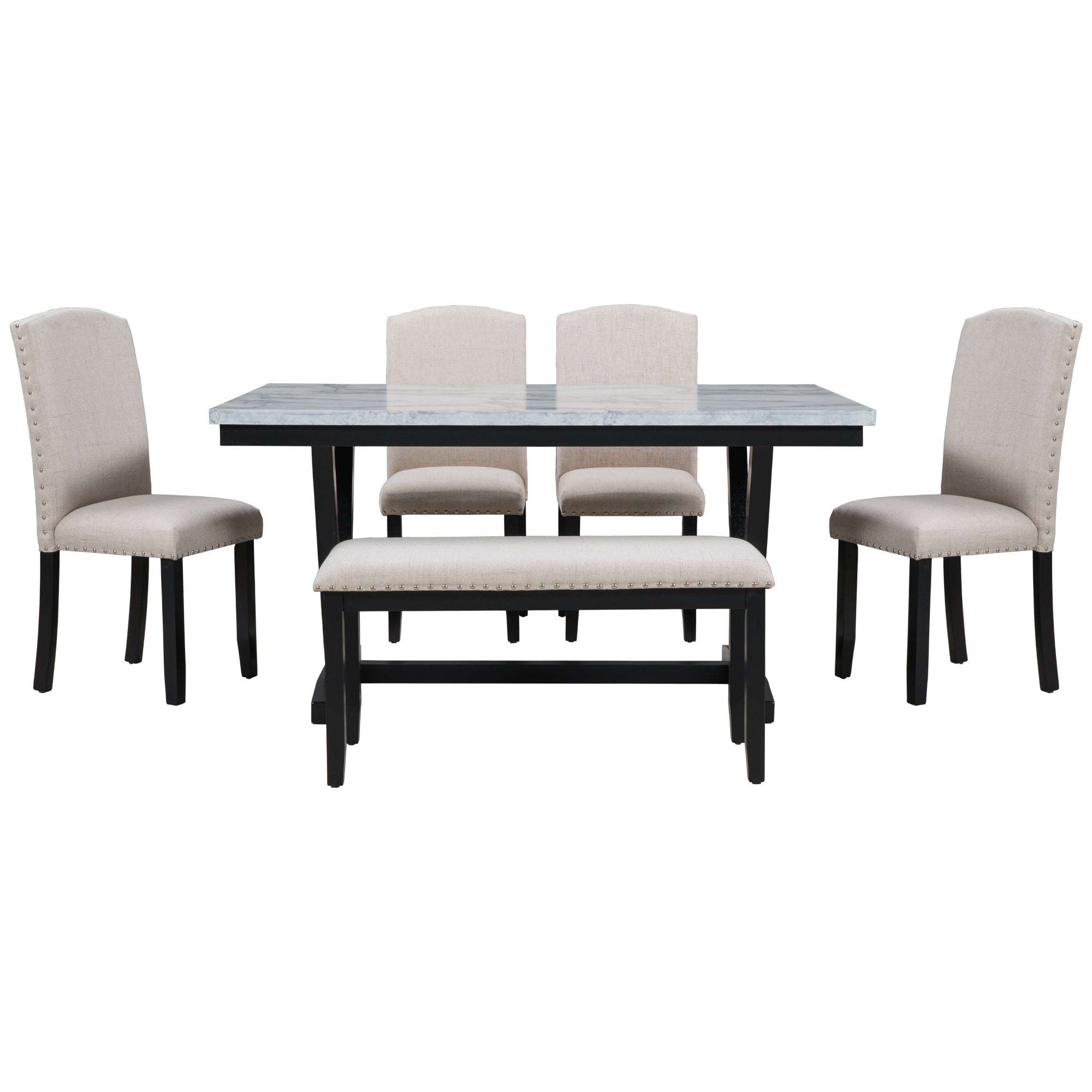 TREXM Modern Style 6-piece Dining Table with 4 Chairs & 1 Bench (White)