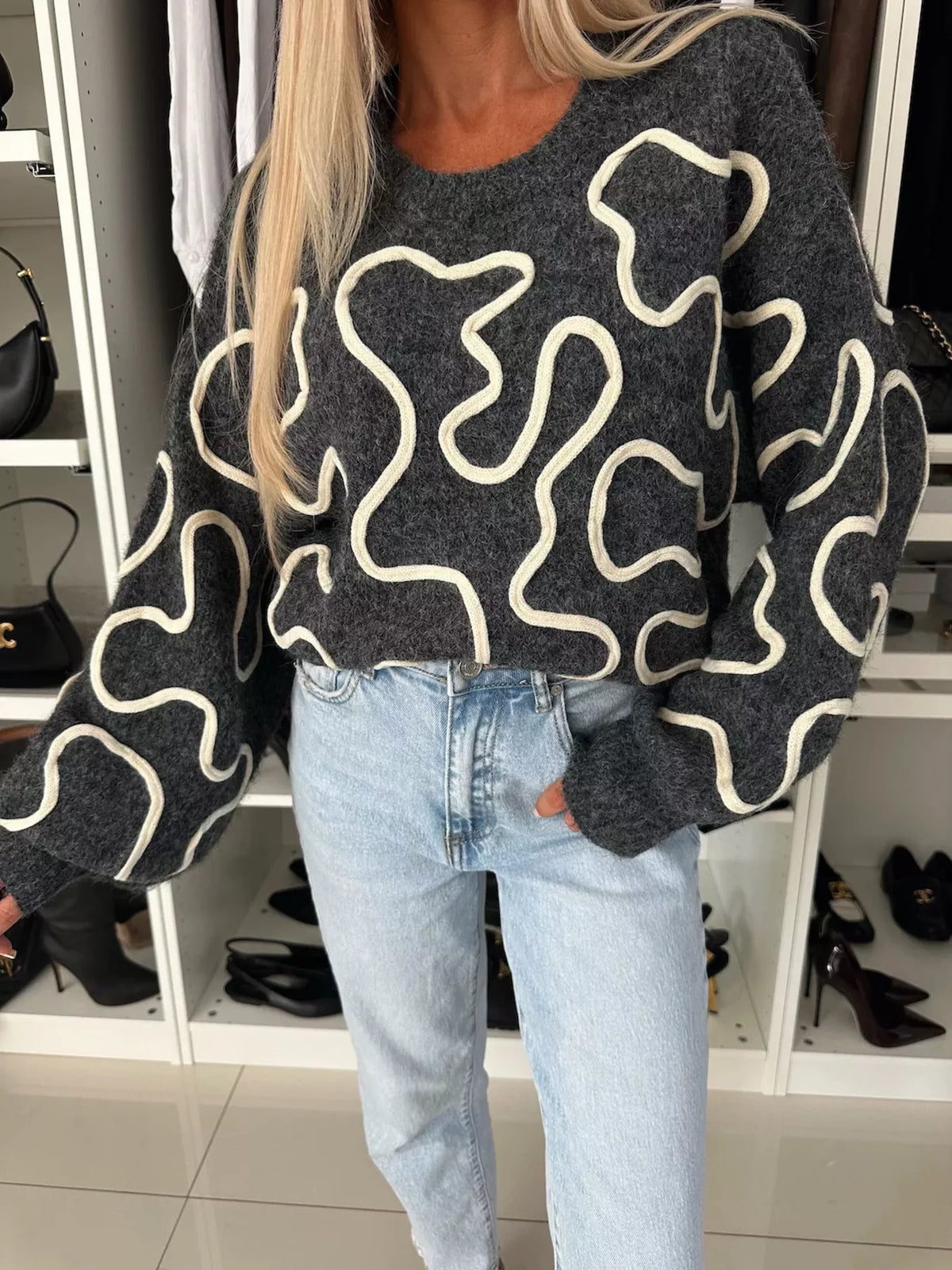 Abstract pattern oversized round neck sweater