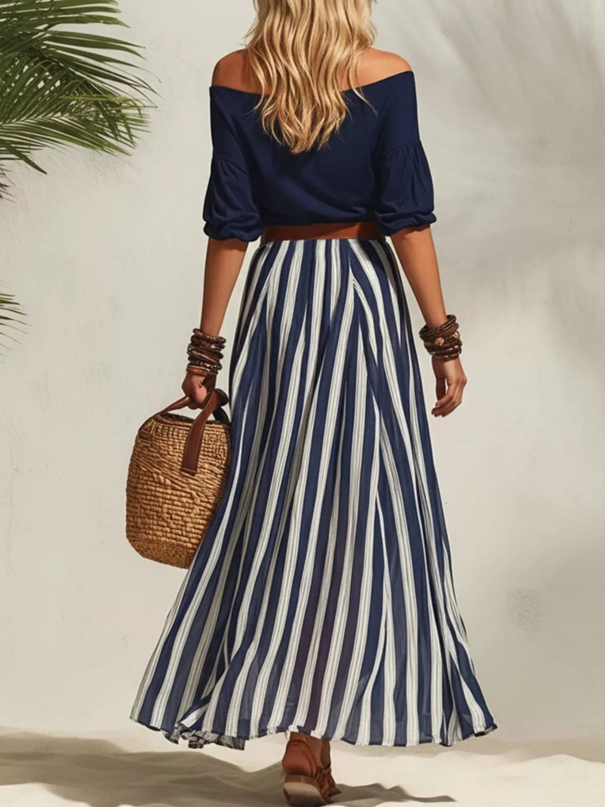 Off shoulder top and striped maxi skirt set with belt