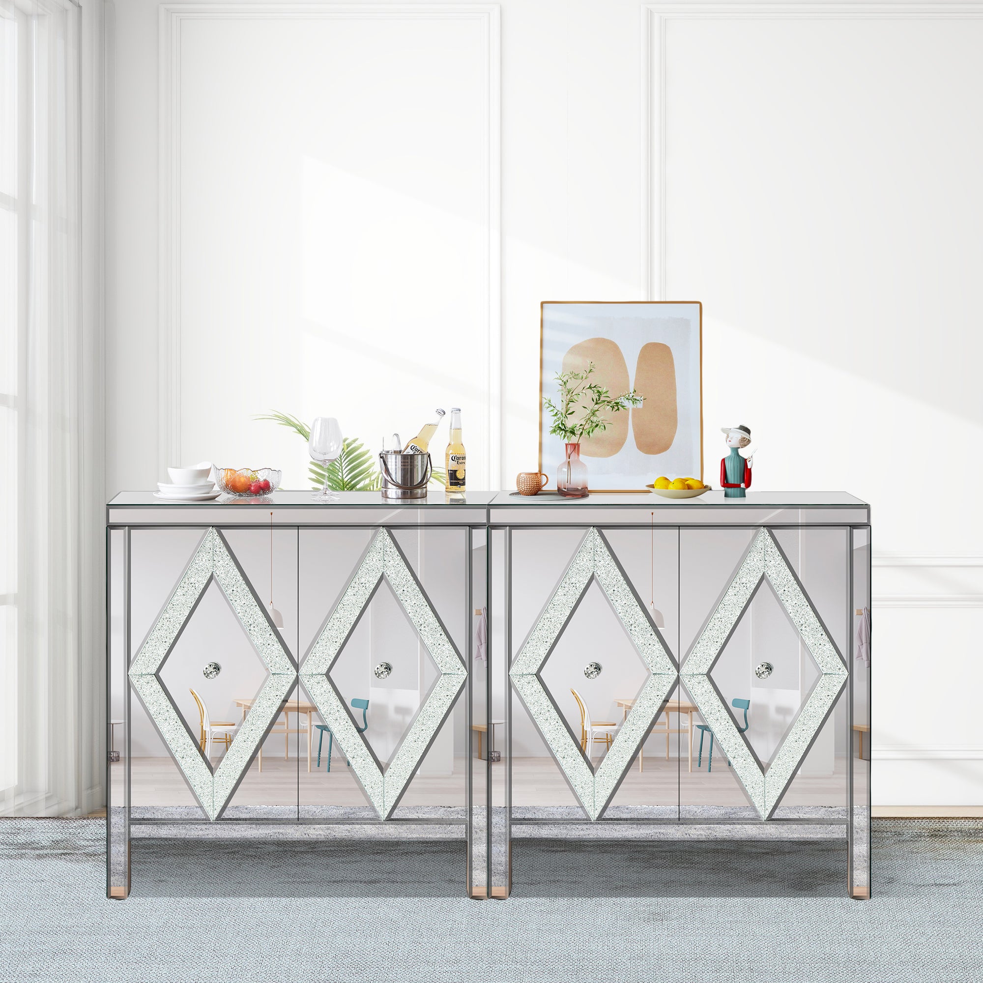 Storage Cabinet With Mirror Trim And Diamond Shape Design Spliced Combination For Living Room, Dining Room, Entryway, Kitchen