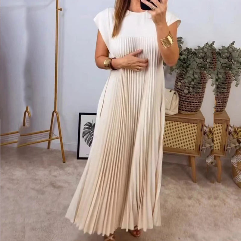 New autumn and winter fashion round neck sleeveless pleated dress for women's long skirt