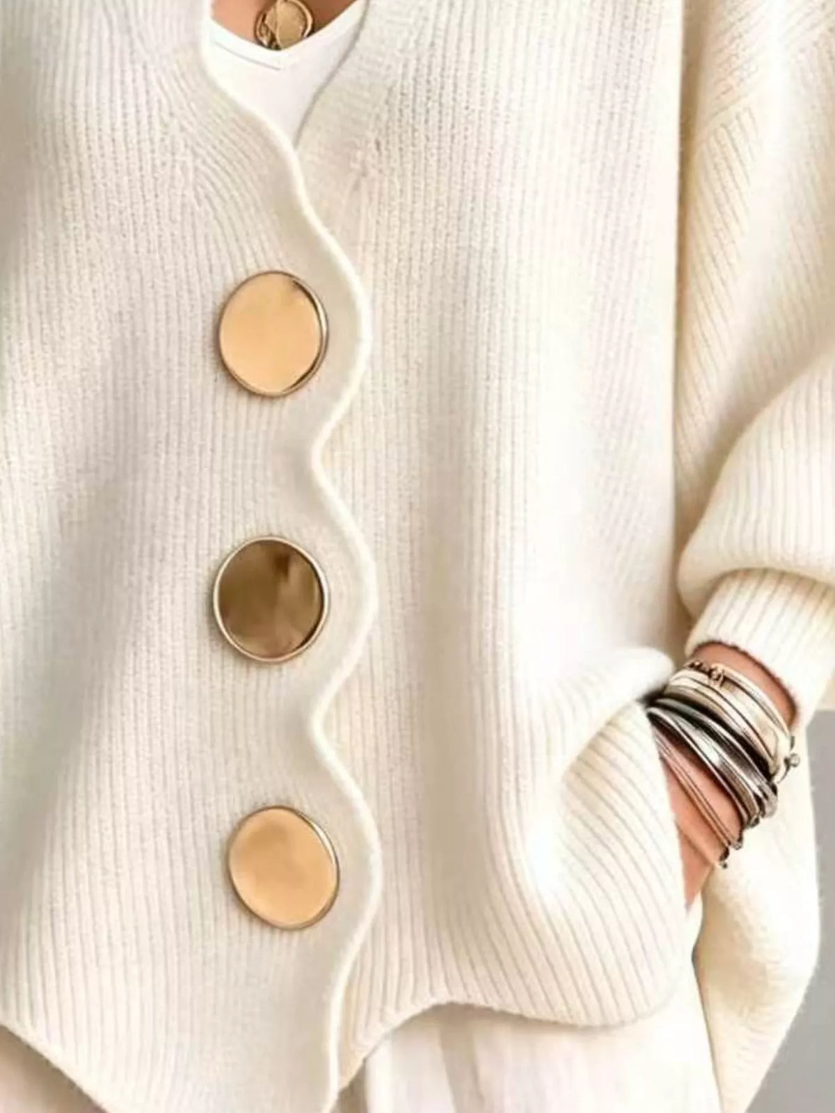 Scalloped-edge oversized button-down cardigan