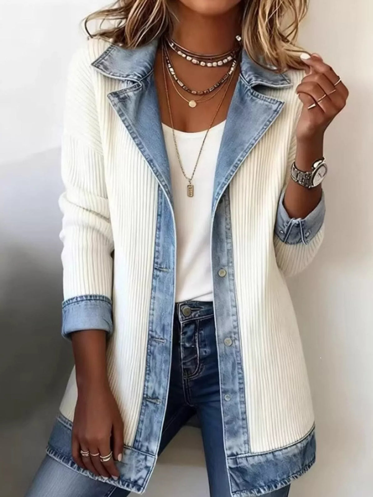 Denim-trim rib cardigan – white