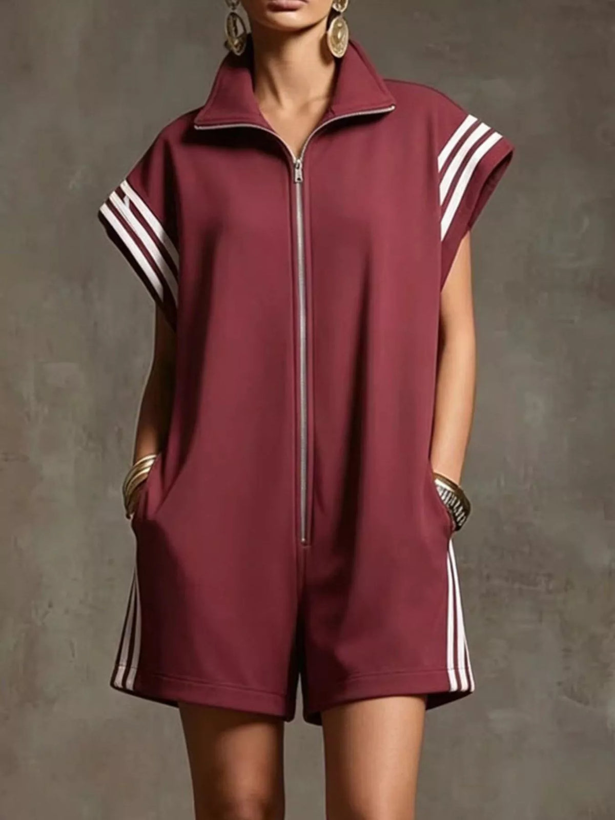 Striped zip front short sleeve romper, Burgundy