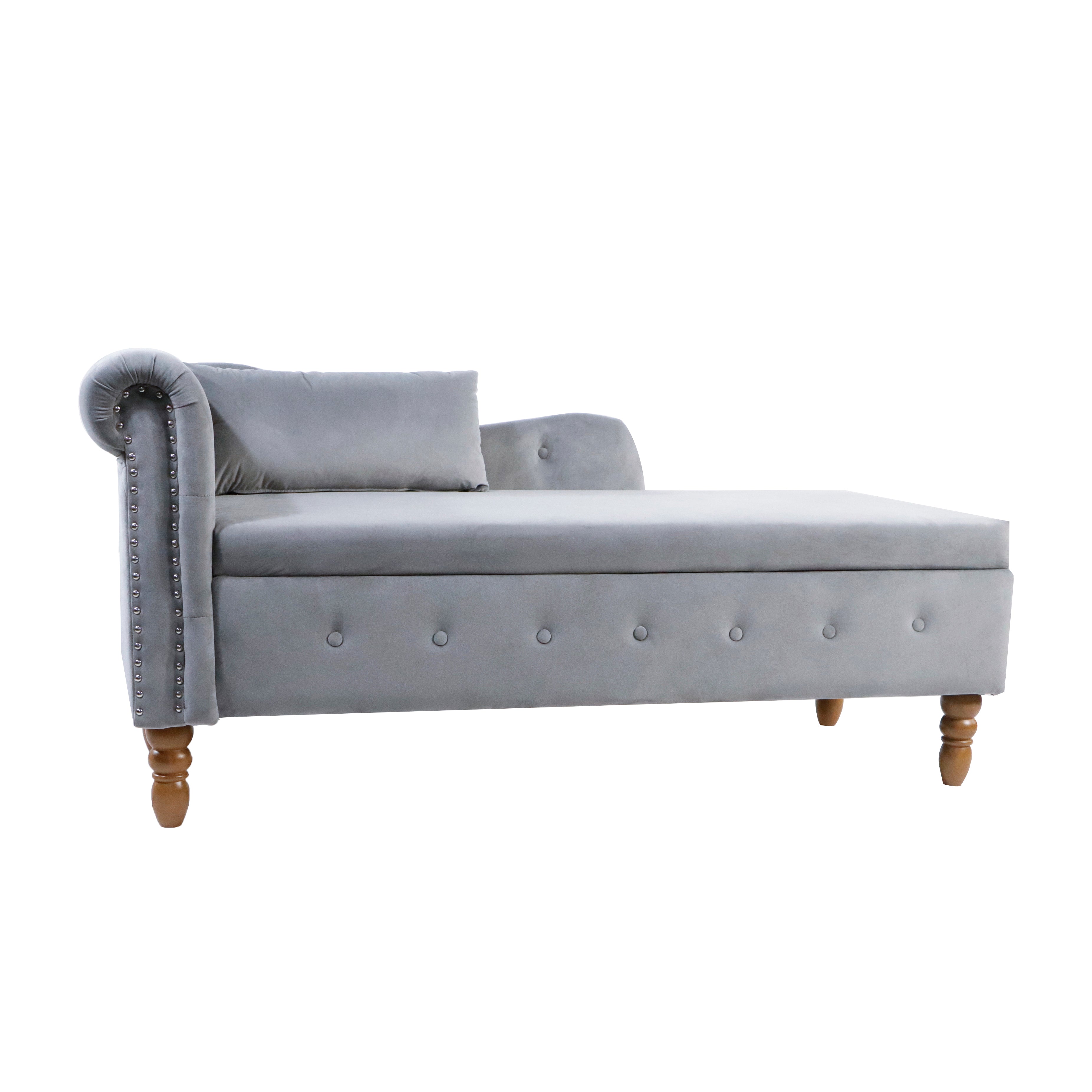 Grey Chaise Lounge Indoor Velvet Lounge Chair for Bedroom with Storage & Pillow Modern Upholstered Rolled Arm Chase Lounge