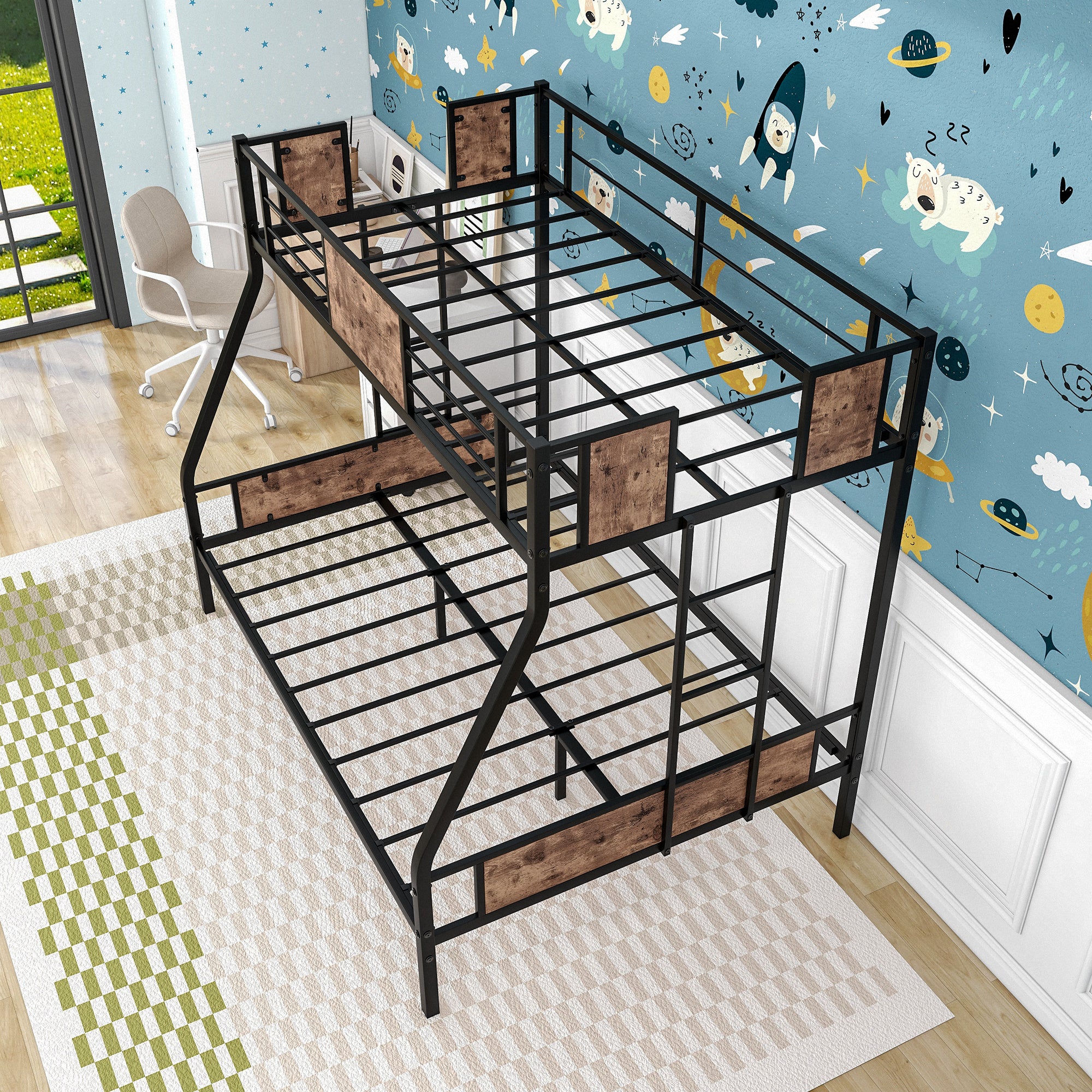 Twin Over Full Metal Bunk Bed Heavy Duty Metal Bed Frame with Safety Rail 2 Side Ladders & Decorative Wood