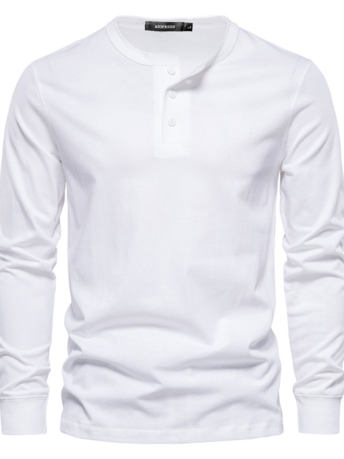 Quarter button round neck long sleeve T-shirt, White