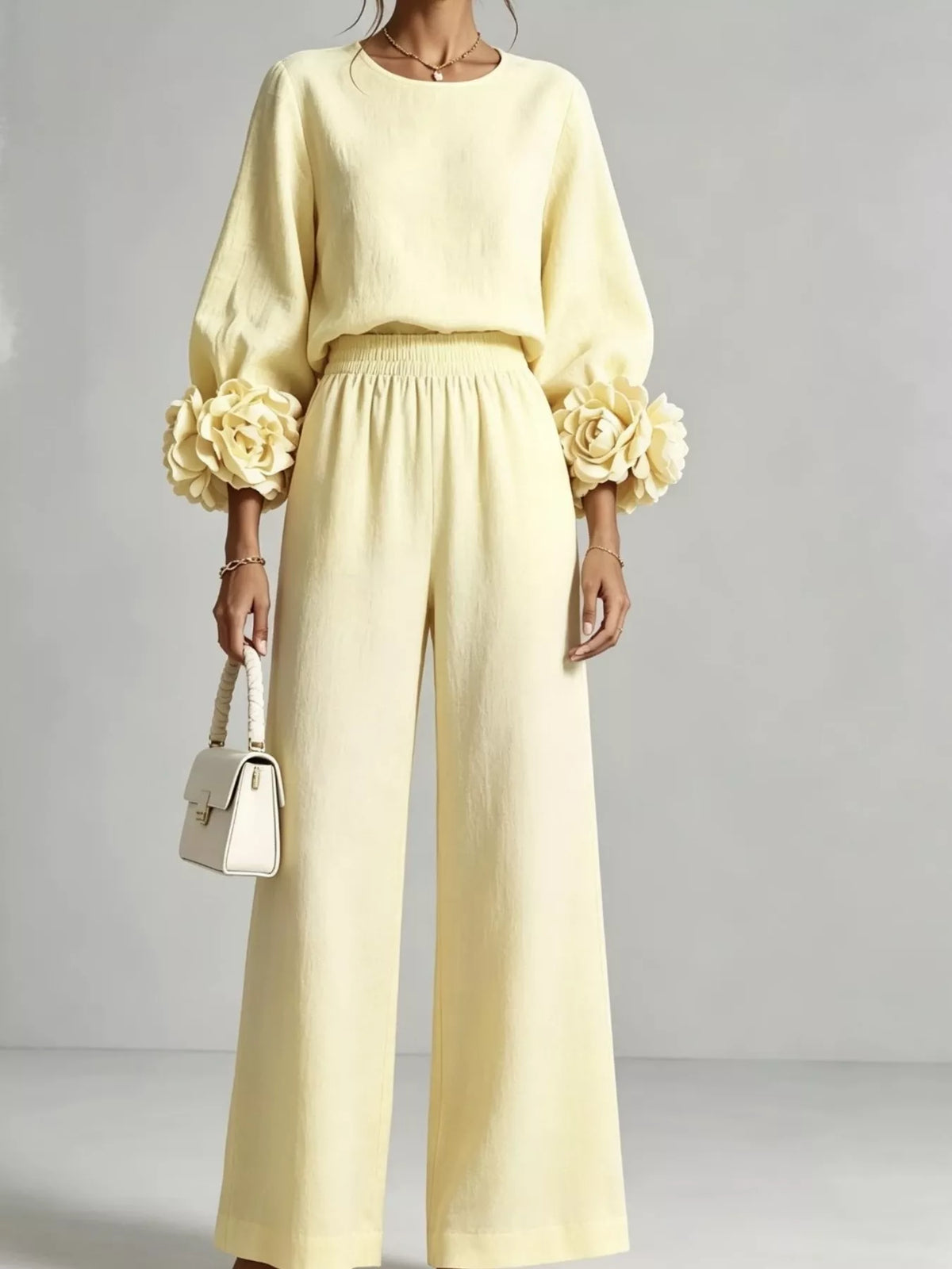 Floral-cuff top and pants set – pastel yellow