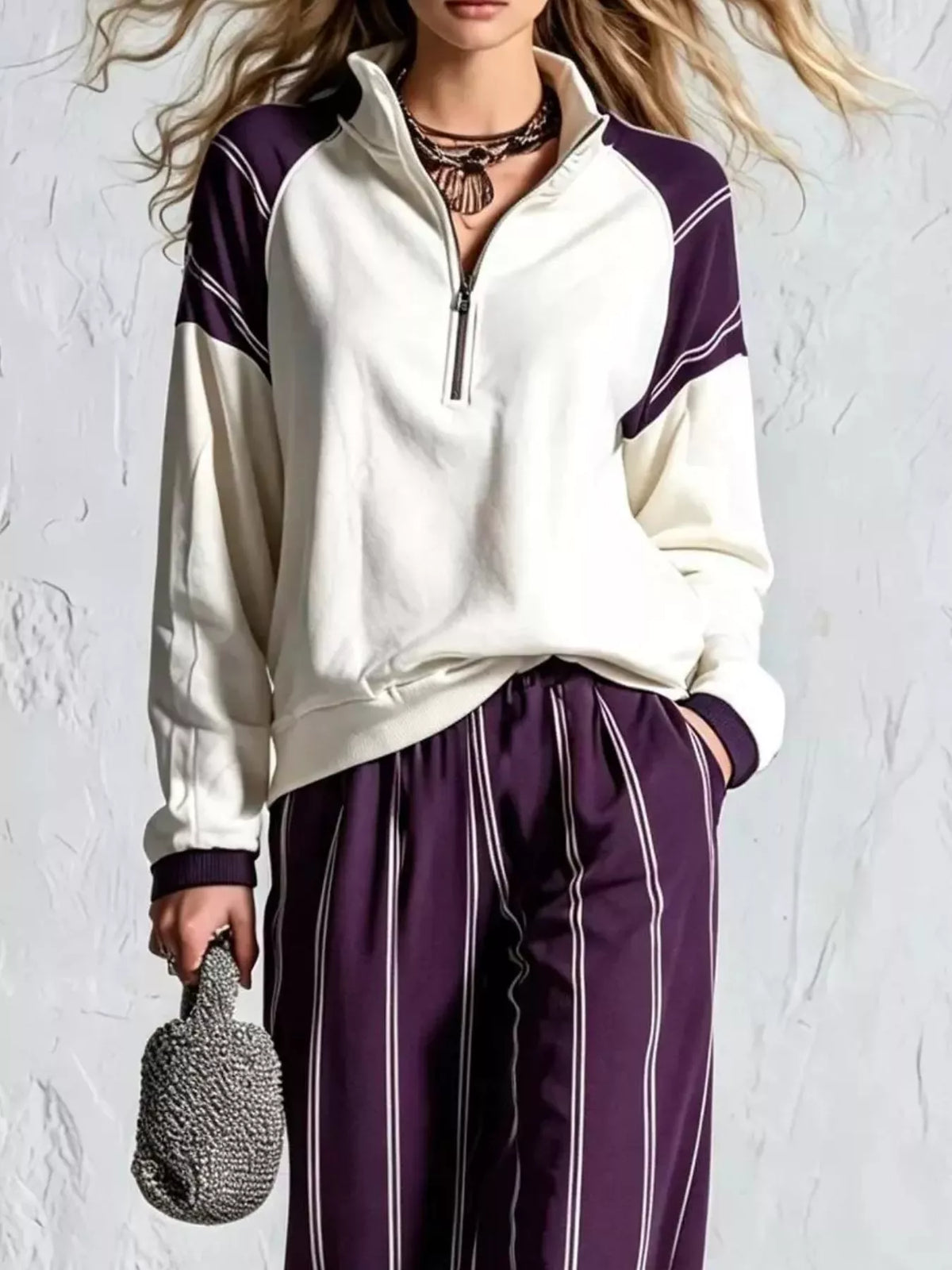 Quarter-zip and striped pants set