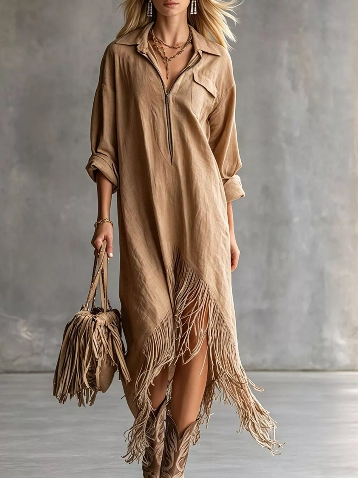 Fringe-hem zip shirt dress – camel