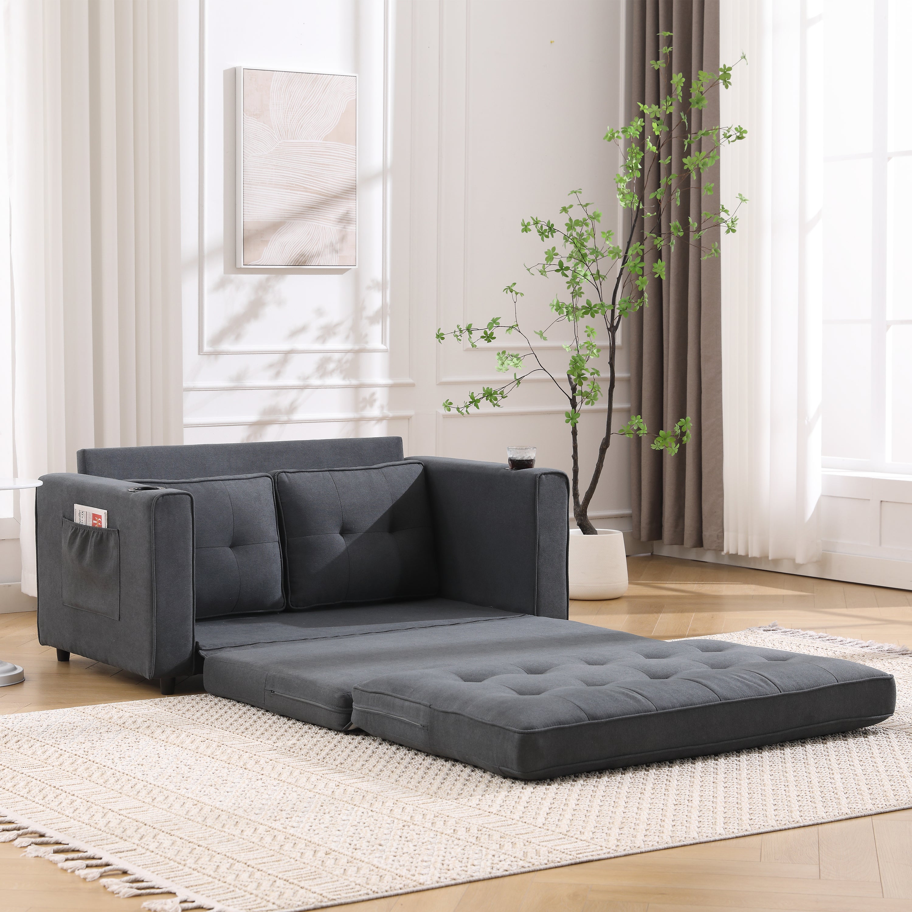 Three in one soft cushion cushion cushion sofa, folding mattress sofa bed, with side pockets and cup holder, dark gray