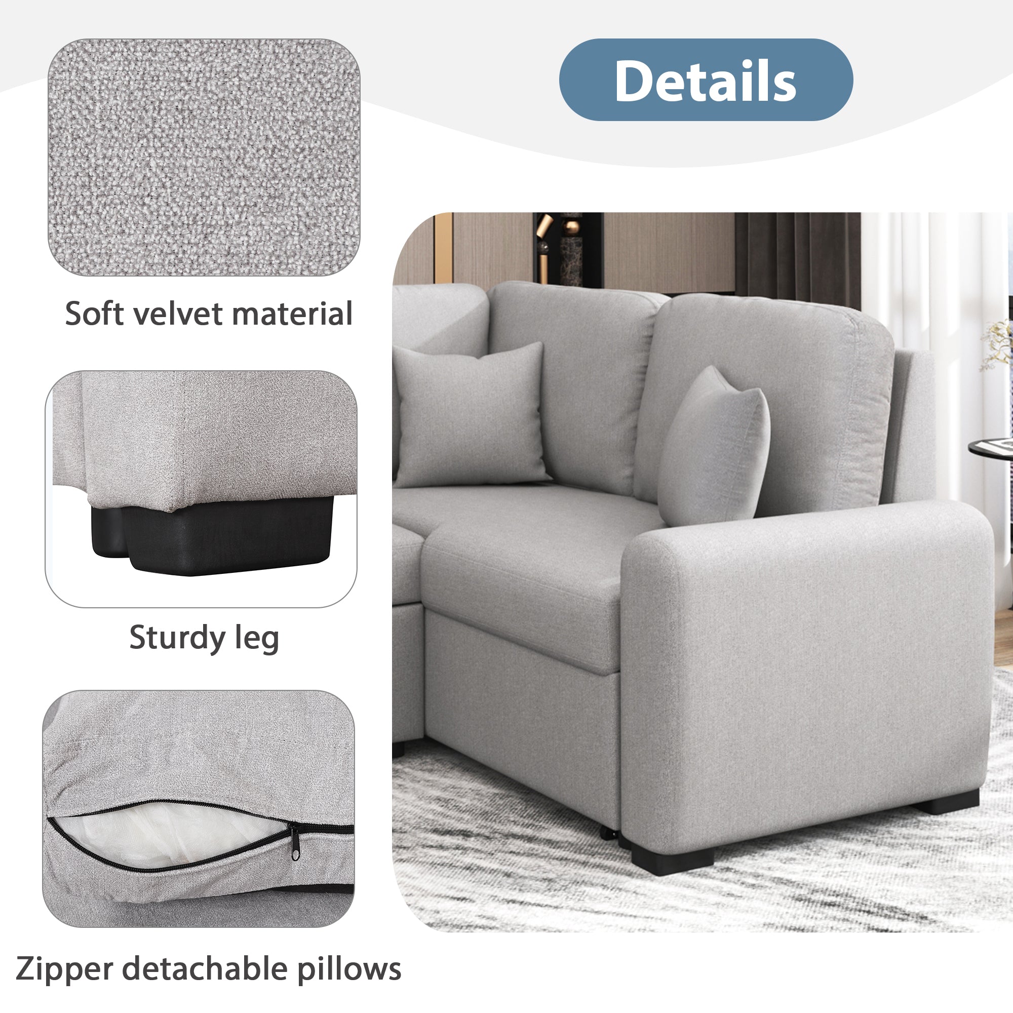 87.4"Sectional Sleeper Sofa with USB Charging Port and Plug Outlet Pull-Out Sofa Bed with 3 Pillows Grey