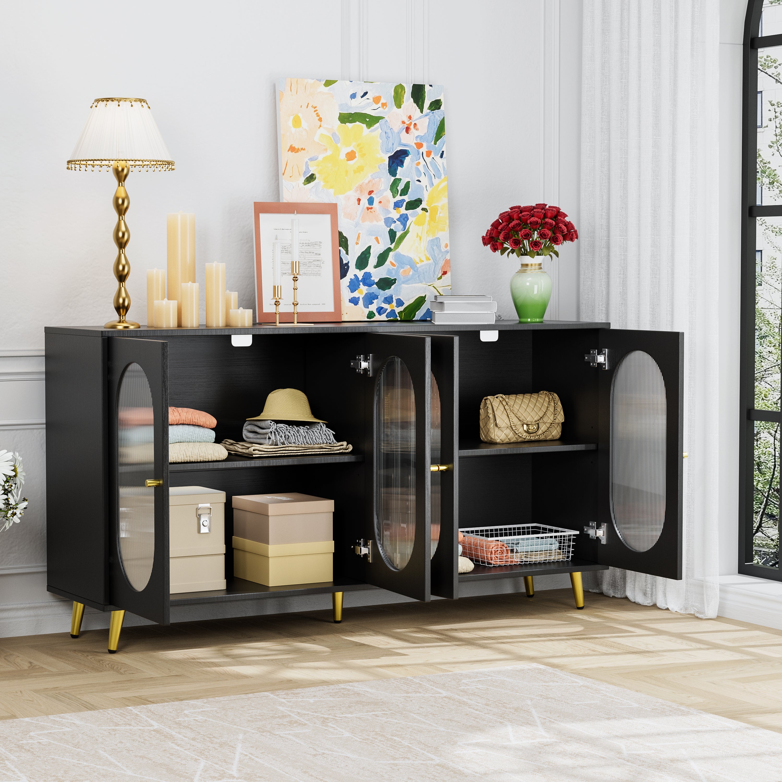 Modern Accent Sideboard Cabinet with Acrylic Doors, Freestanding Storage Cupboard Console Table for Kitchen Dining Black