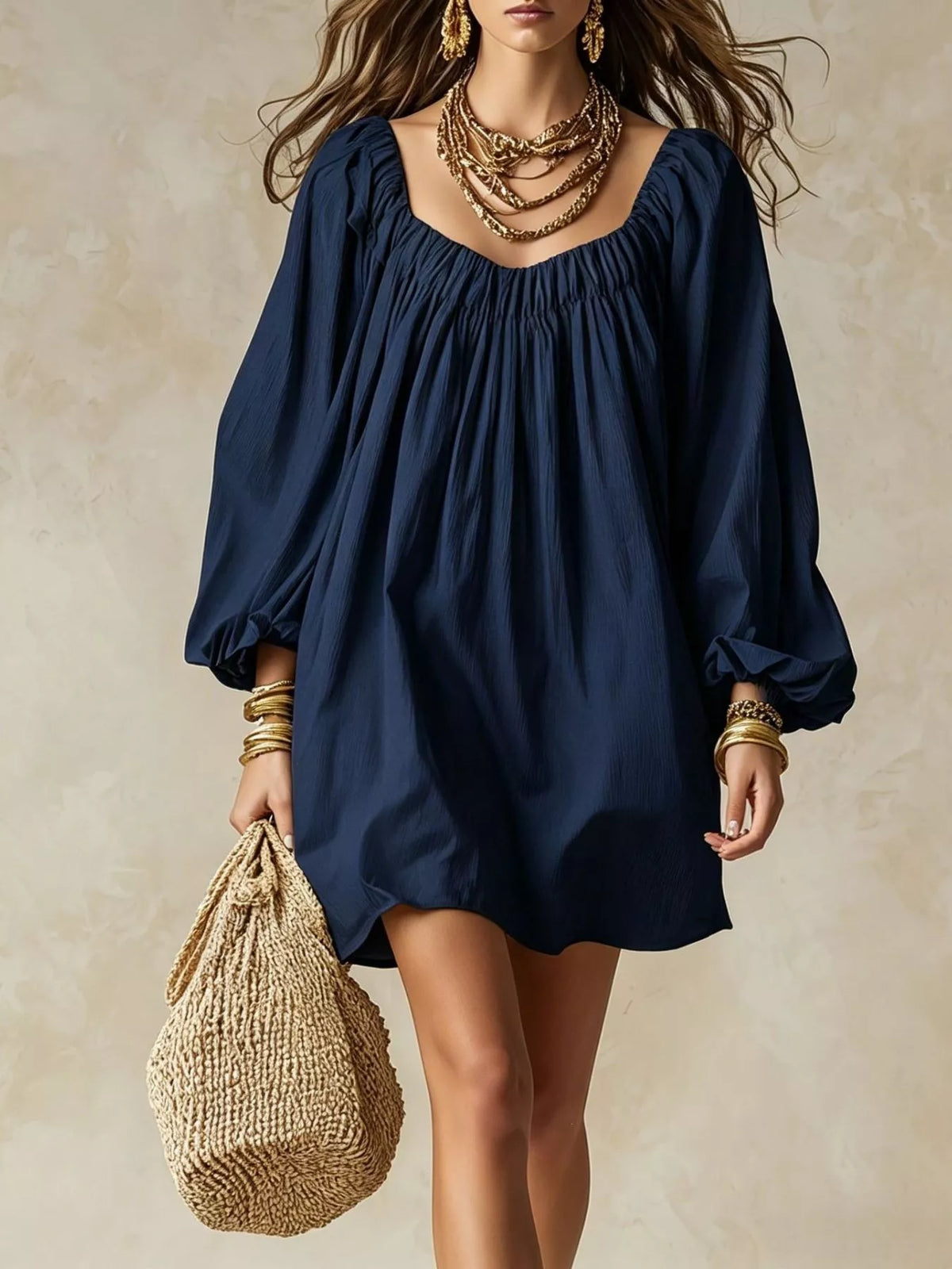 Balloon-sleeve mini dress – navy