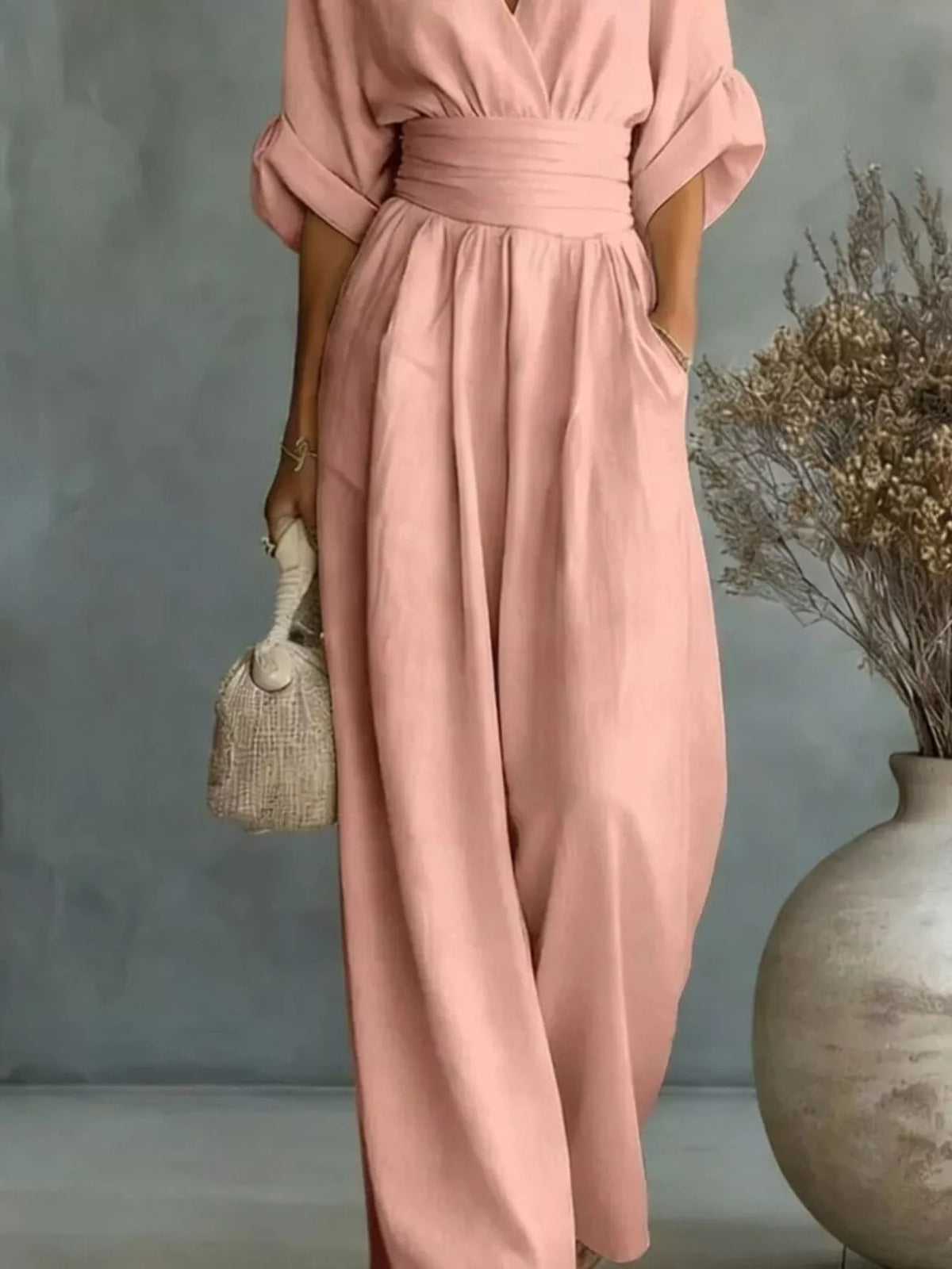 Half-sleeve wide-leg jumpsuit