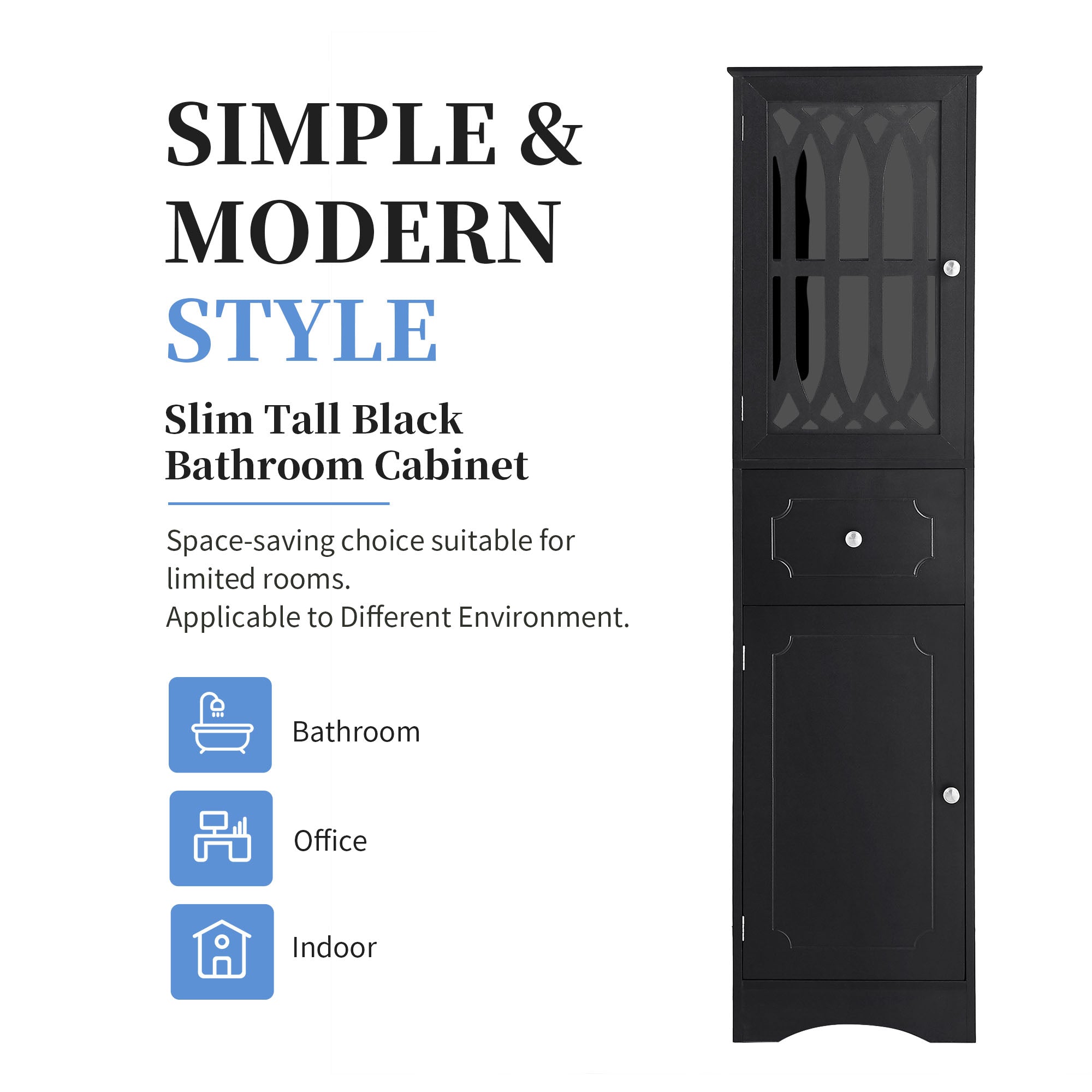 Tall Bathroom Cabinet, Freestanding Storage Cabinet with Drawer and Doors, MDF Board, Acrylic Door, Adjustable Shelf, Black