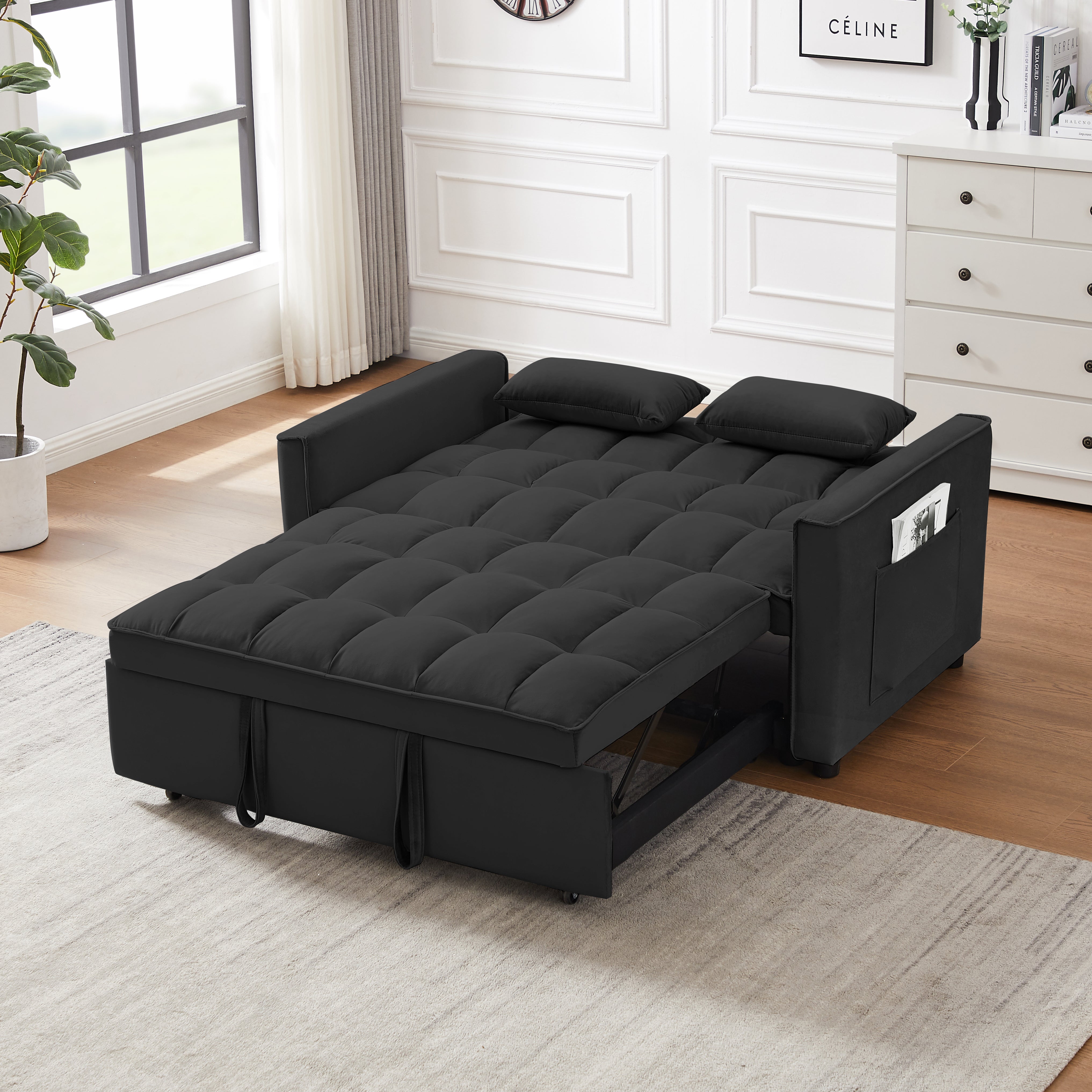 Modern Velvet Loveseat Futon Sofa with Pull out Bed, Backrest, Pillow, Pocket 3-in-1 Convertible Sleeper Sofa Bed, Black