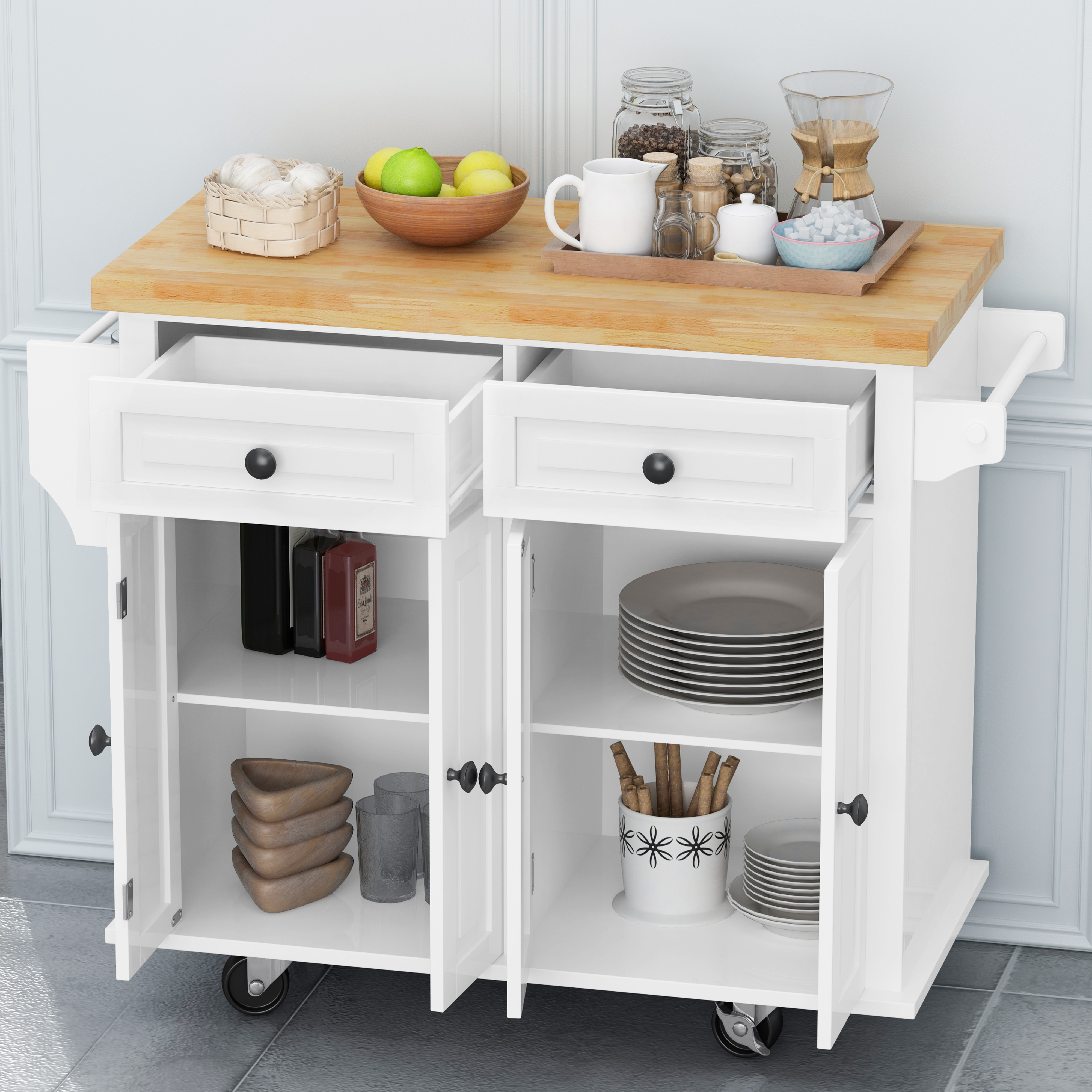 Kitchen Island Cart with Two Storage Cabinets and Two Locking Wheels 43.31 Inch Width 4 Door Cabinet and Two Drawers Spice Rack