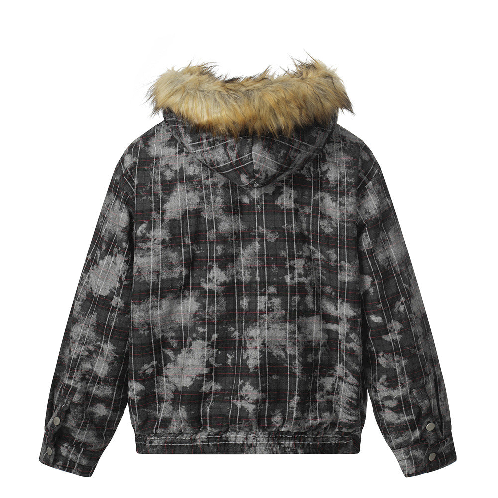 Street Style Men's Cotton Coat with Hood and Fur Collar, Plaid Design, Casual Loose Fit Outerwear