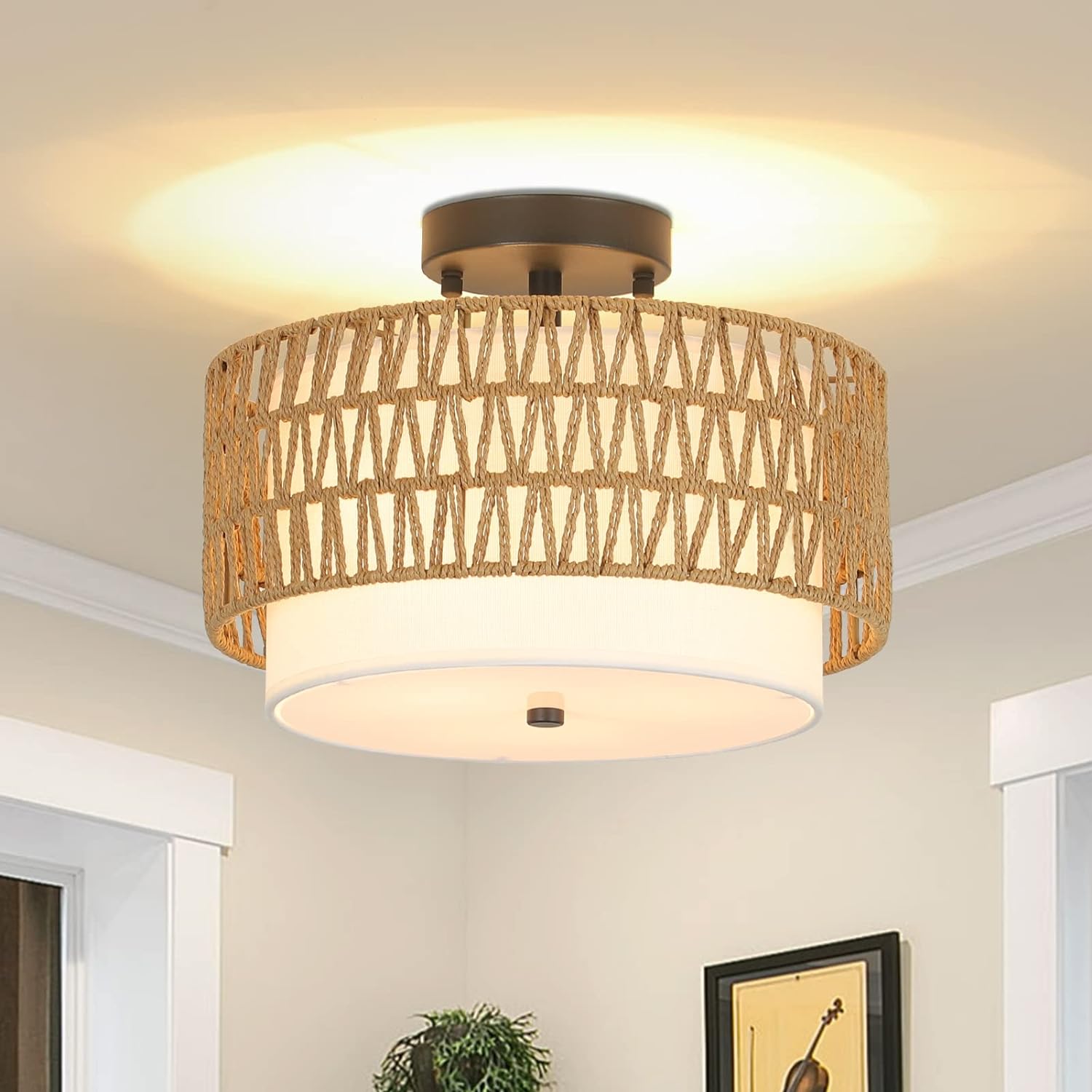 3-Light Semi Flush Mount Ceiling Light Fixture, Boho Rattan Light Fixtures Ceiling, Farmhouse Drum Light with Fabric Shade