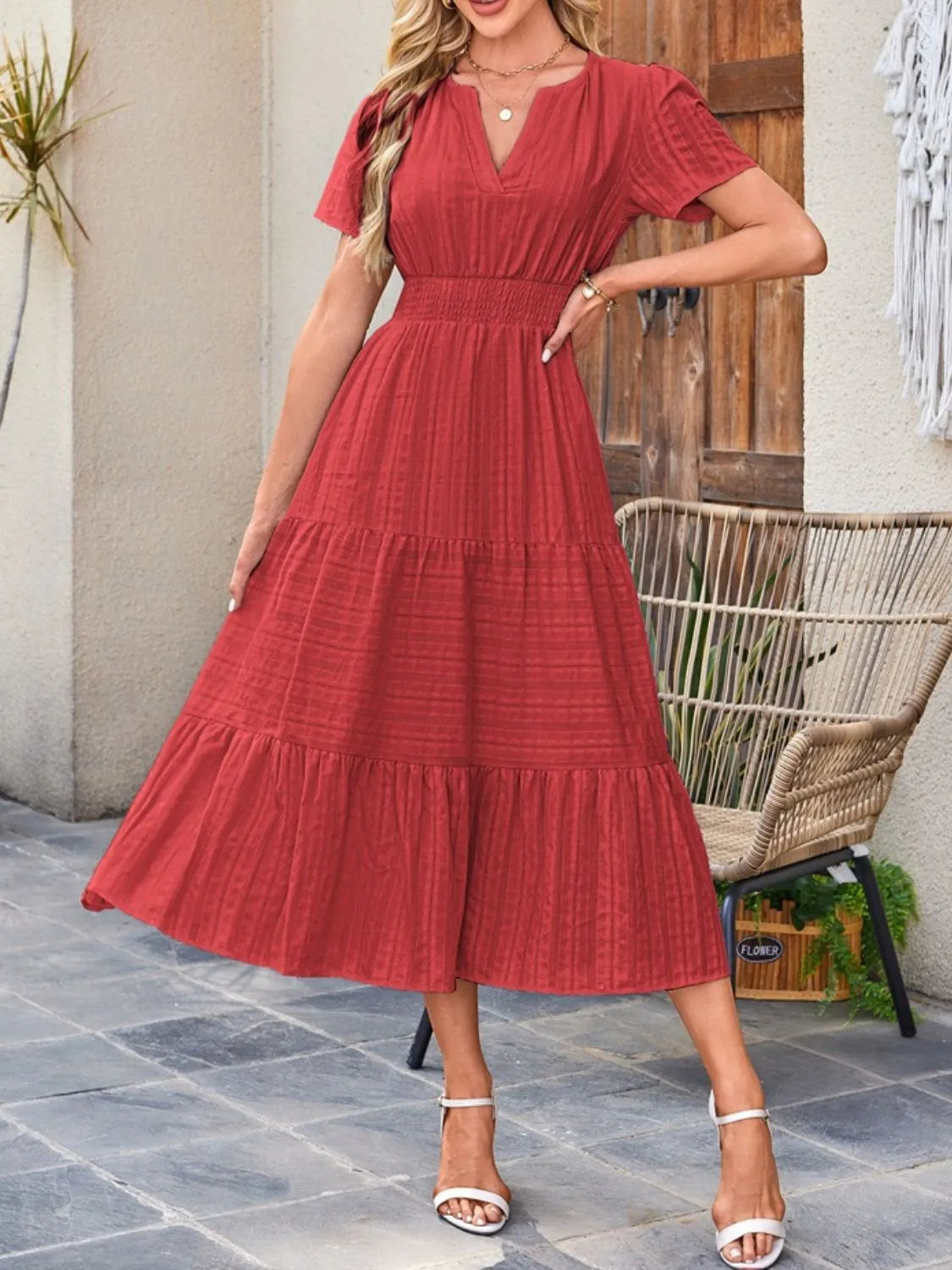 Tiered notched short sleeve dress