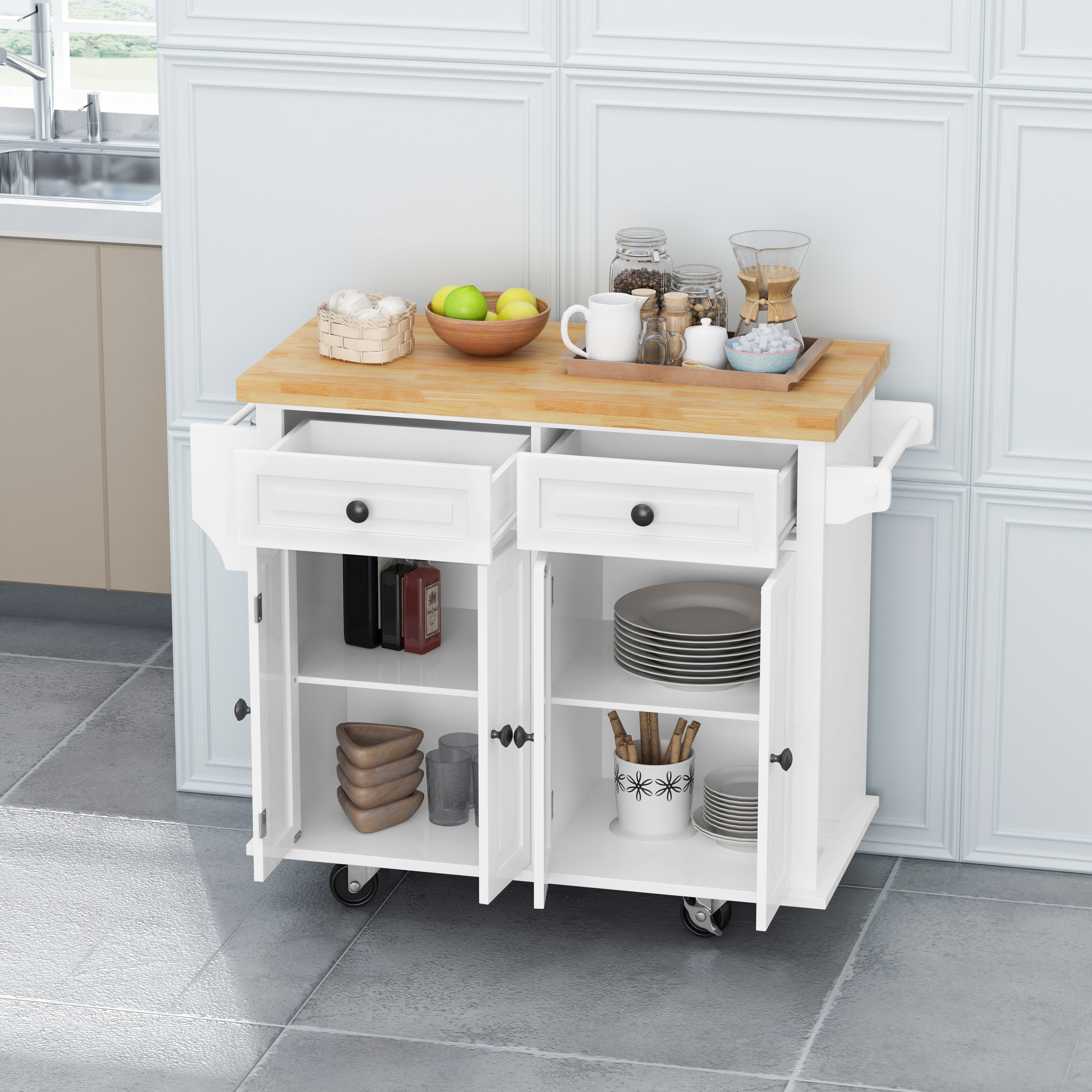 Kitchen Island Cart with Two Storage Cabinets and Two Locking Wheels 43.31 Inch Width 4 Door Cabinet and Two Drawers Spice Rack