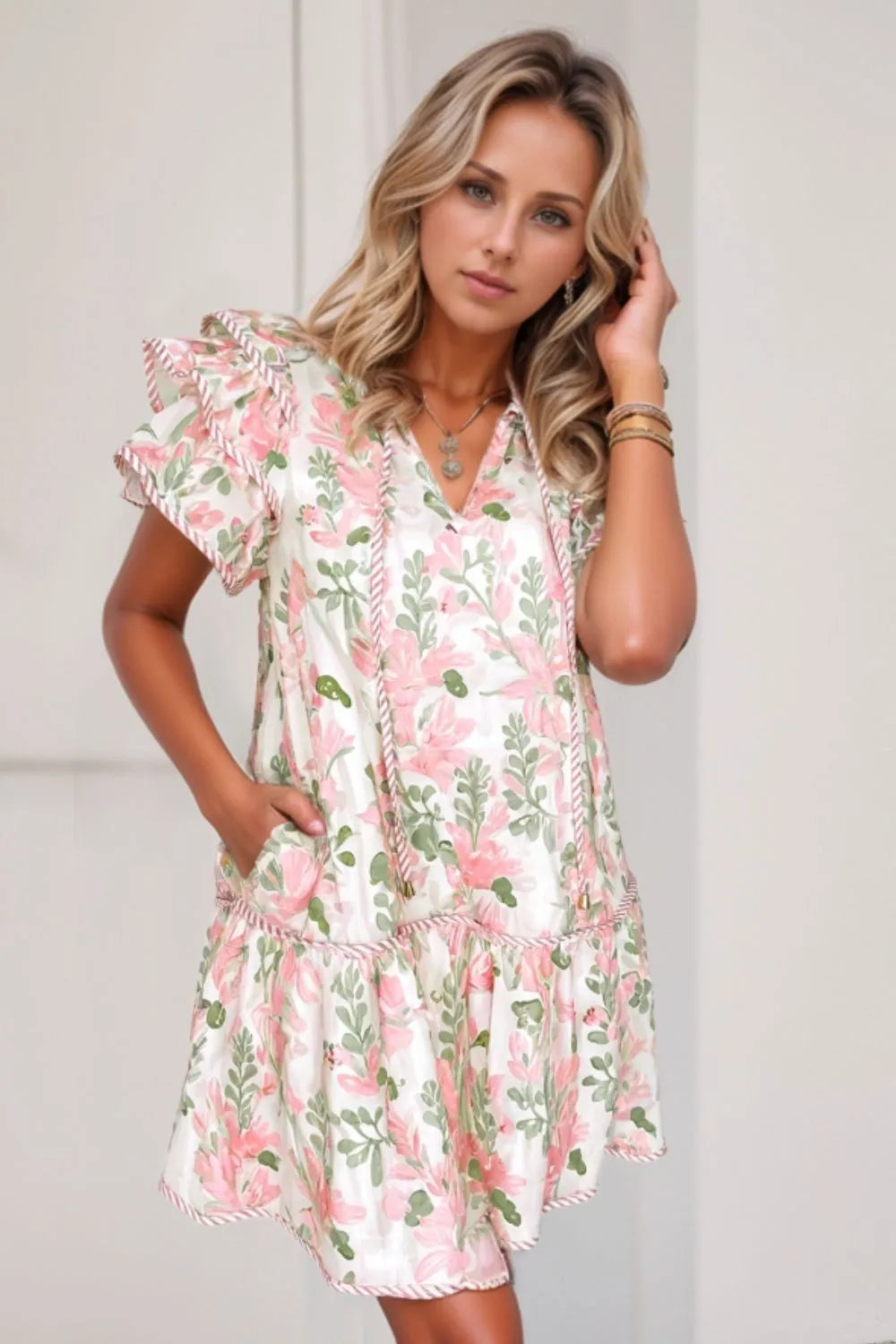 Floral contrast edge layered short sleeve mini dress, Blush Pink