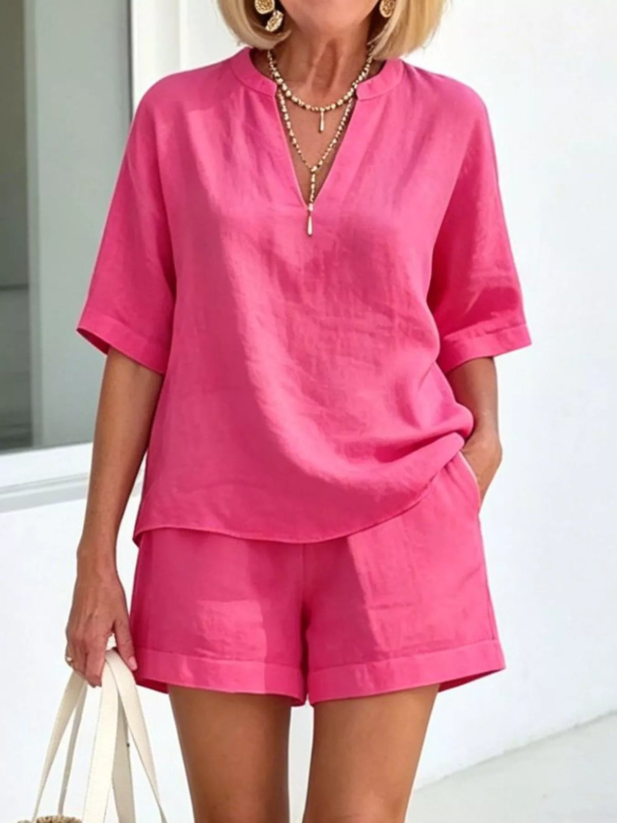 Half-sleeve top and shorts set – rose red