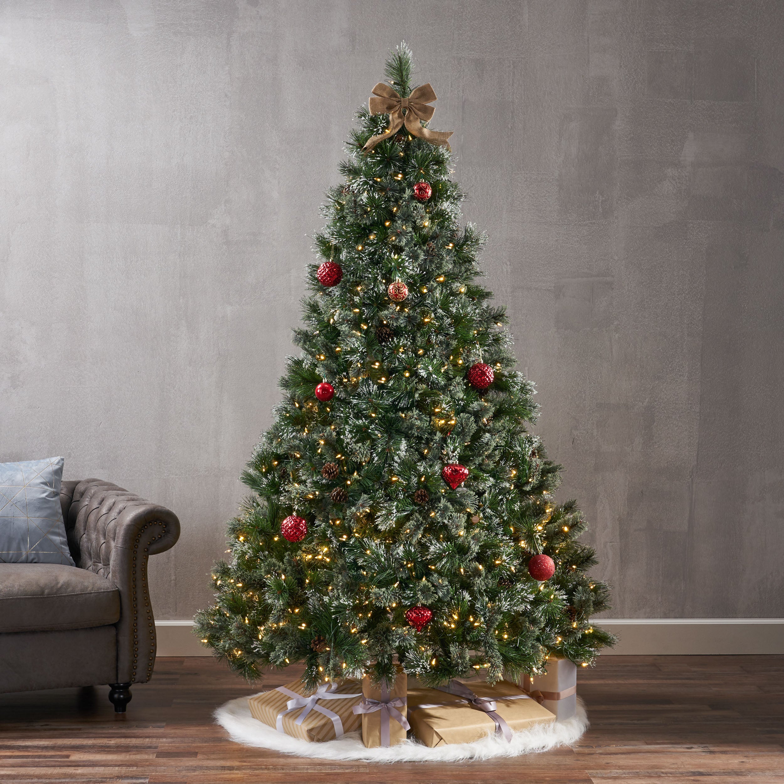 7' Cashmere and Snow Bristle Mixed Tree with 75Pine Cones and 900 led Lights-UL,1233tips,Dia:59