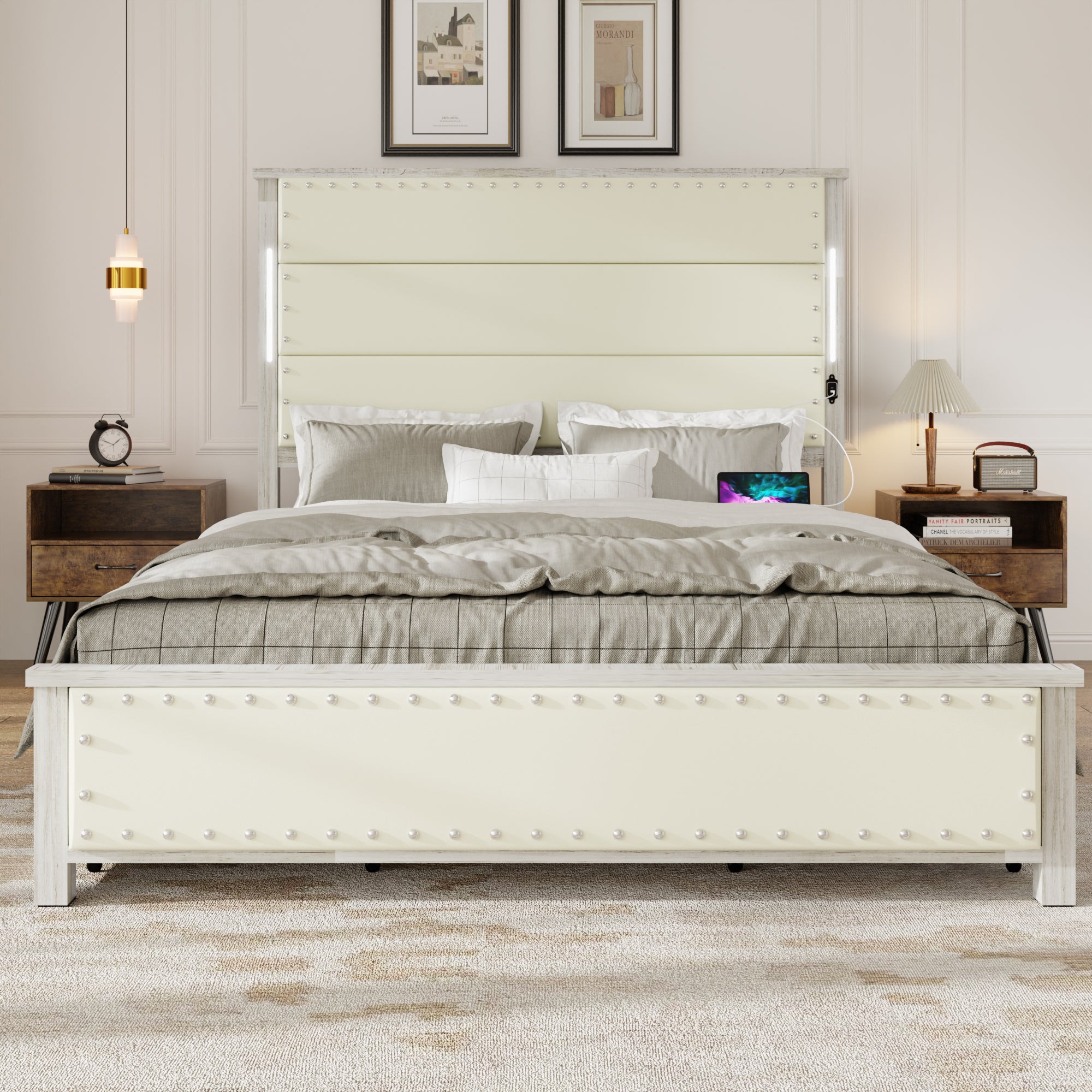 Large bed frame with cushioned headboard and storage drawers, equipped with 4 charging stations and LED lights, beige