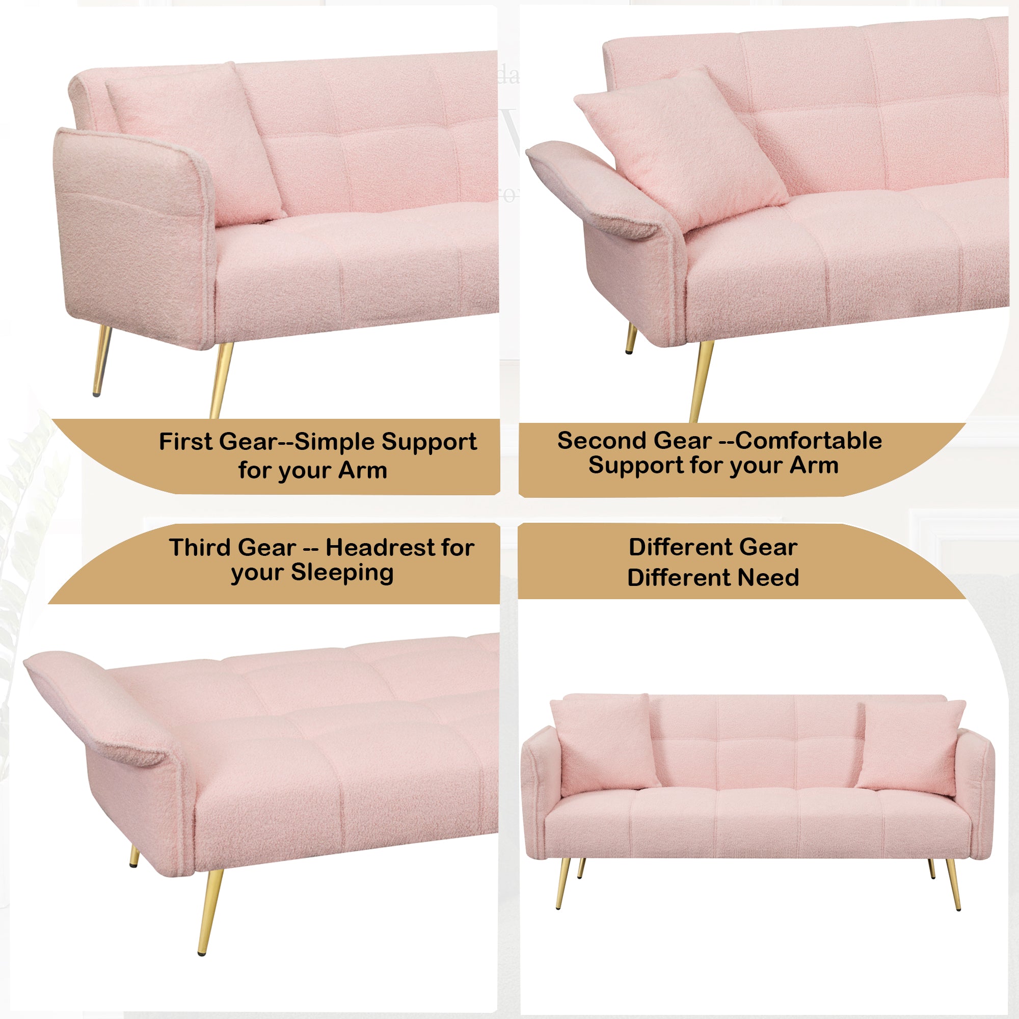 70 inch Teddy velvet sofa with adjustable armrests and backrest, convertible futon sofa for living room and bedroom. Pink