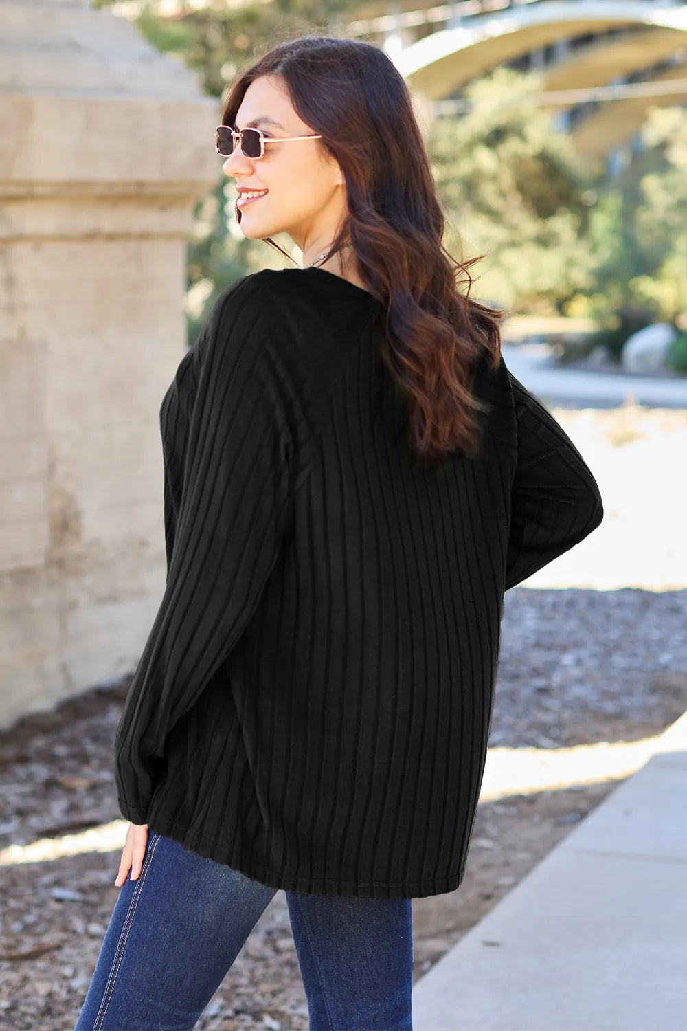Ribbed long-sleeve knit top