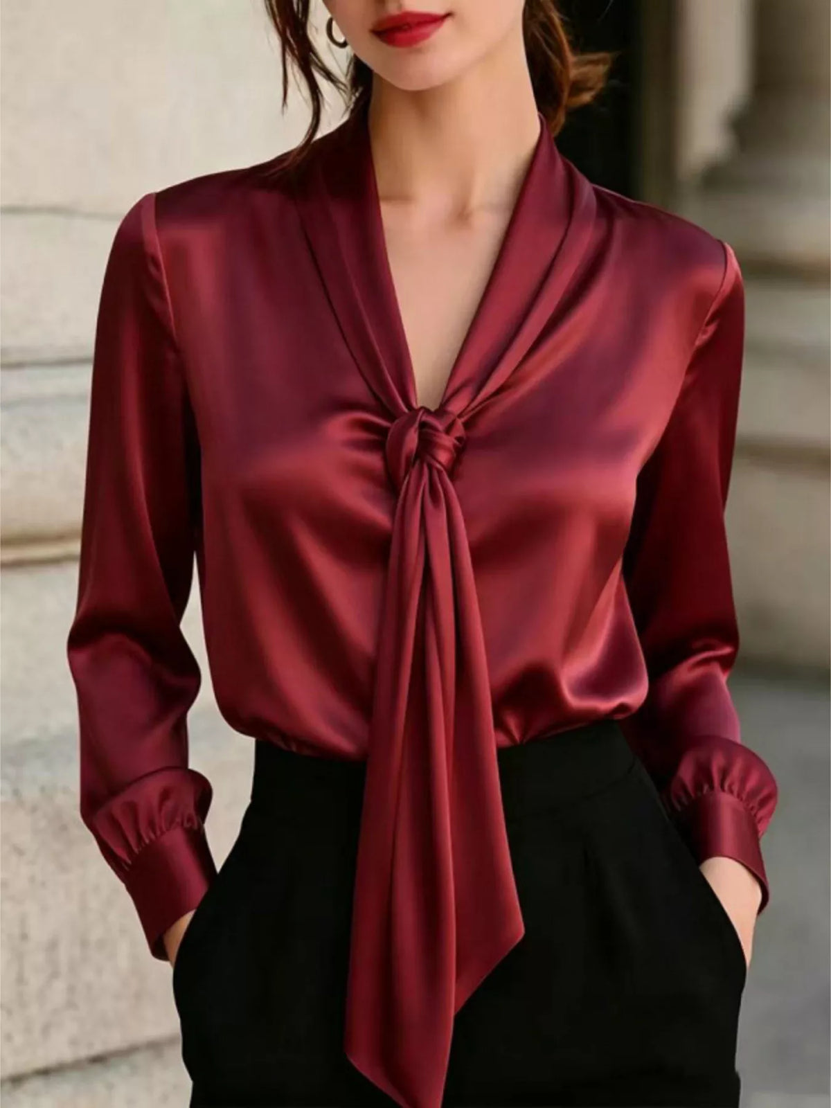 Tie-front satin blouse – burgundy
