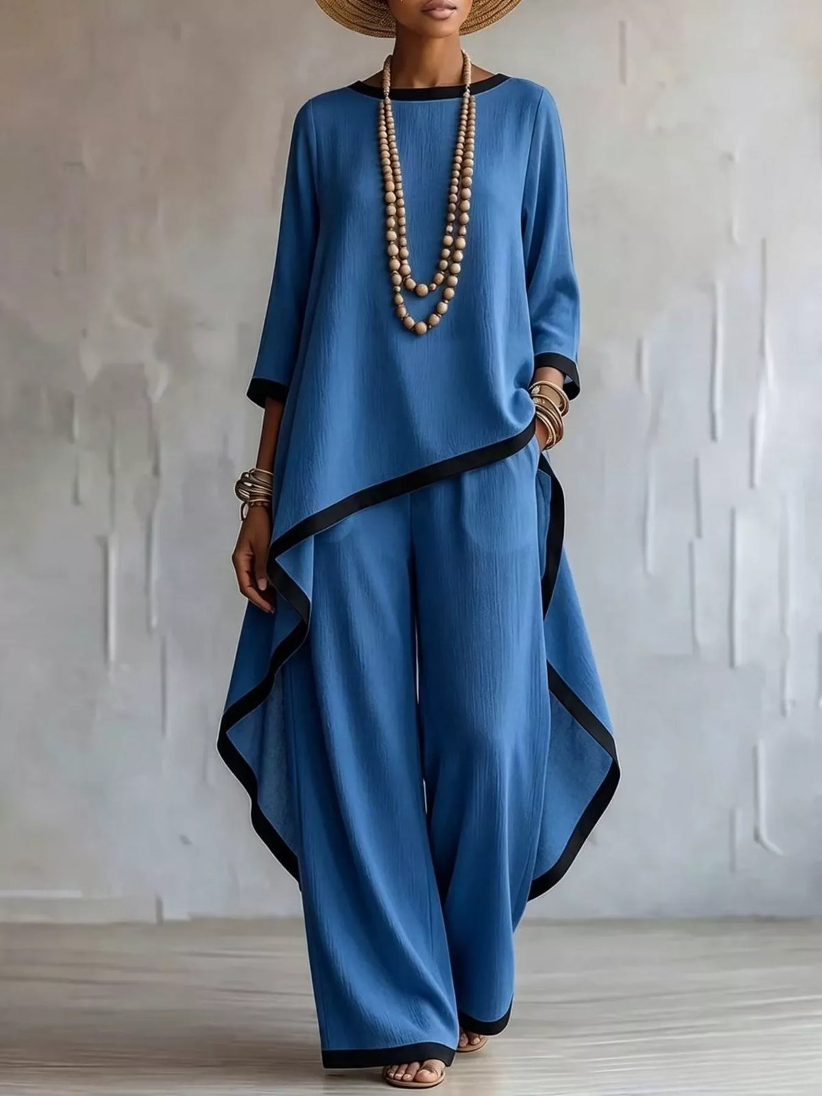 Contrast trim high-low top and pants set, Blue