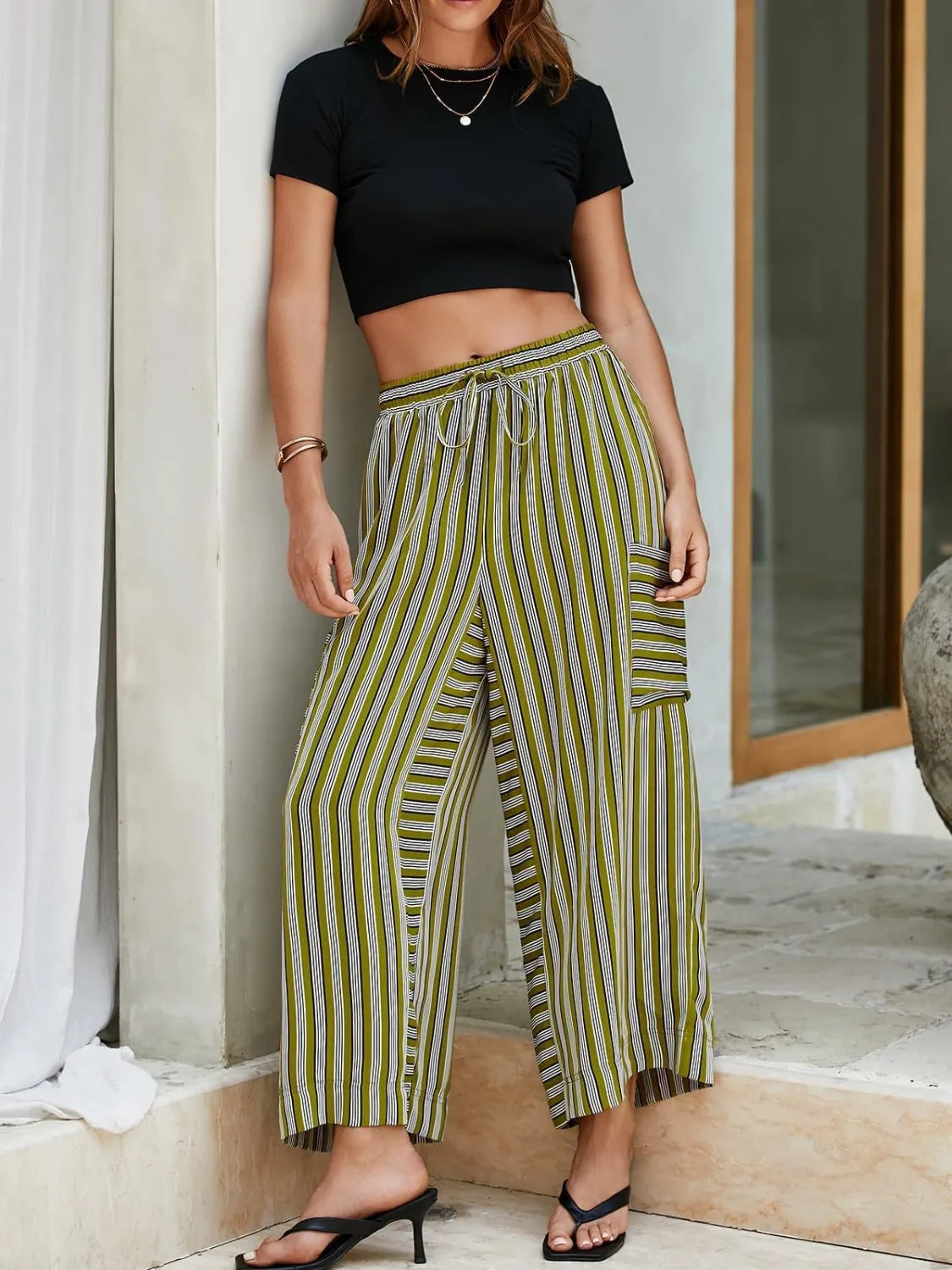 Contrast striped wide leg pants, Moss