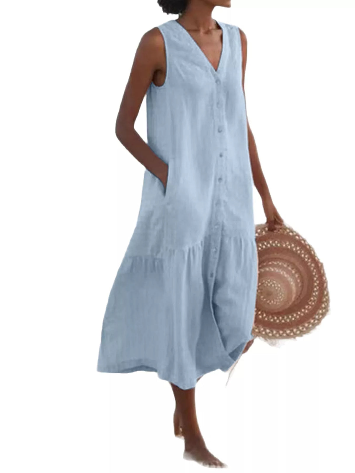 V-neck button front sleeveless midi dress, Light Blue