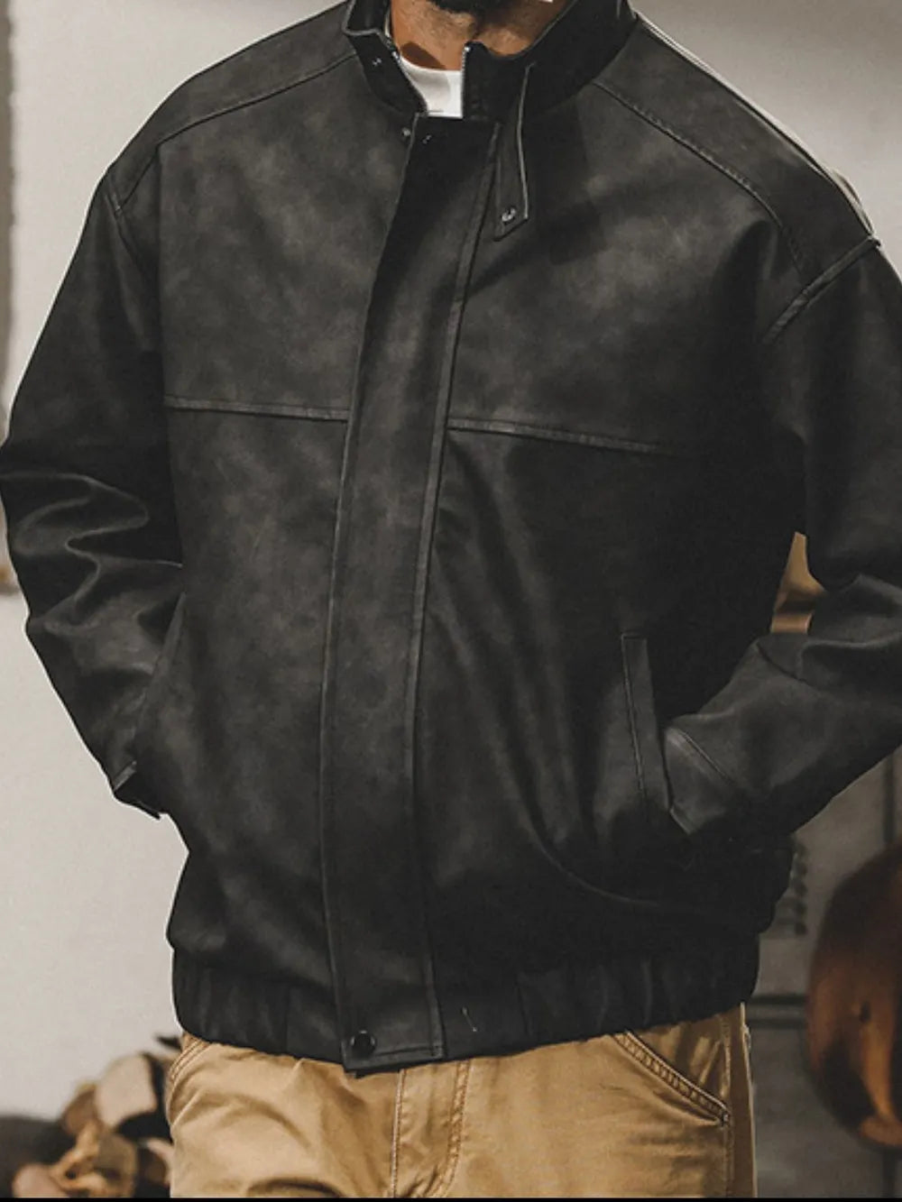 Zip up stand collar biker jacket, Black