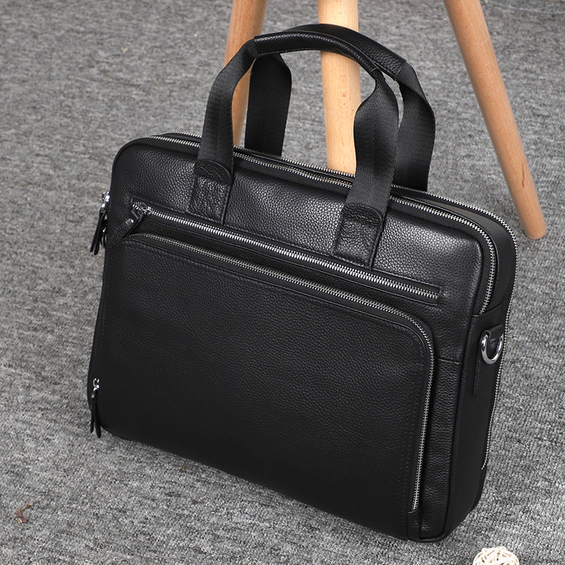 Leather laptop briefcase, Black, standing view