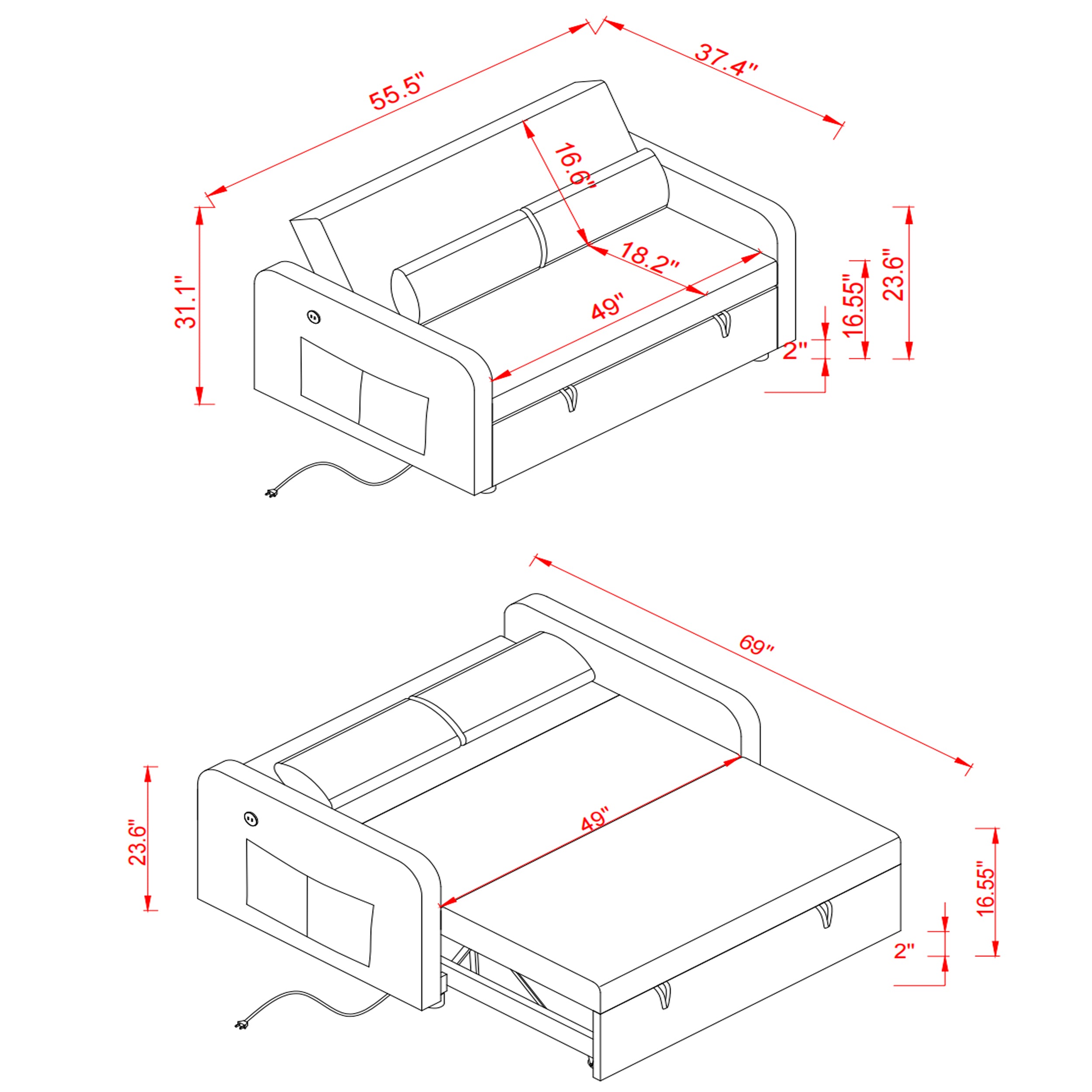 Twins Sofa Bed Black Fabric