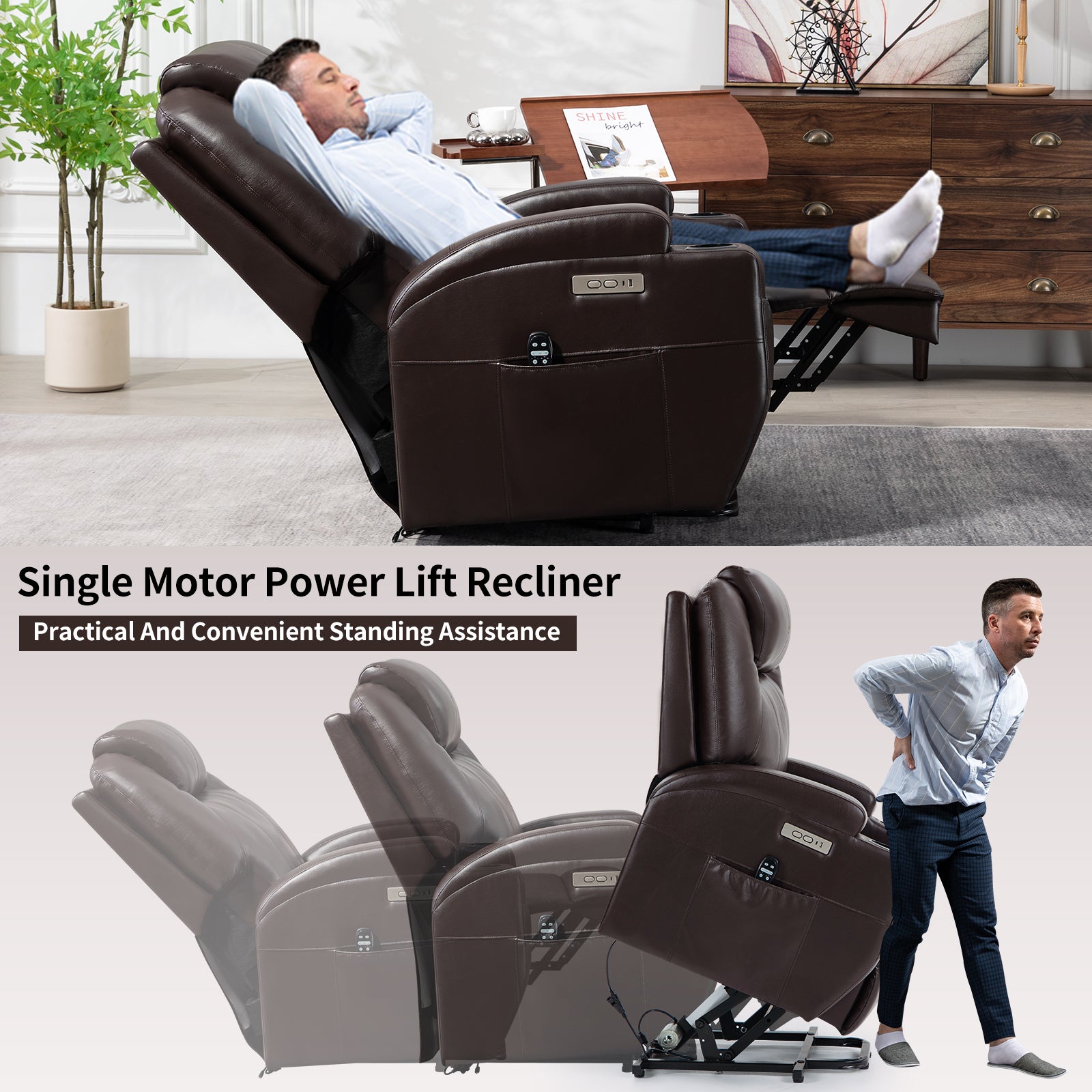 Up to 350lbs Okin Motor Power Lift Recliner Chair for Elderly Brown