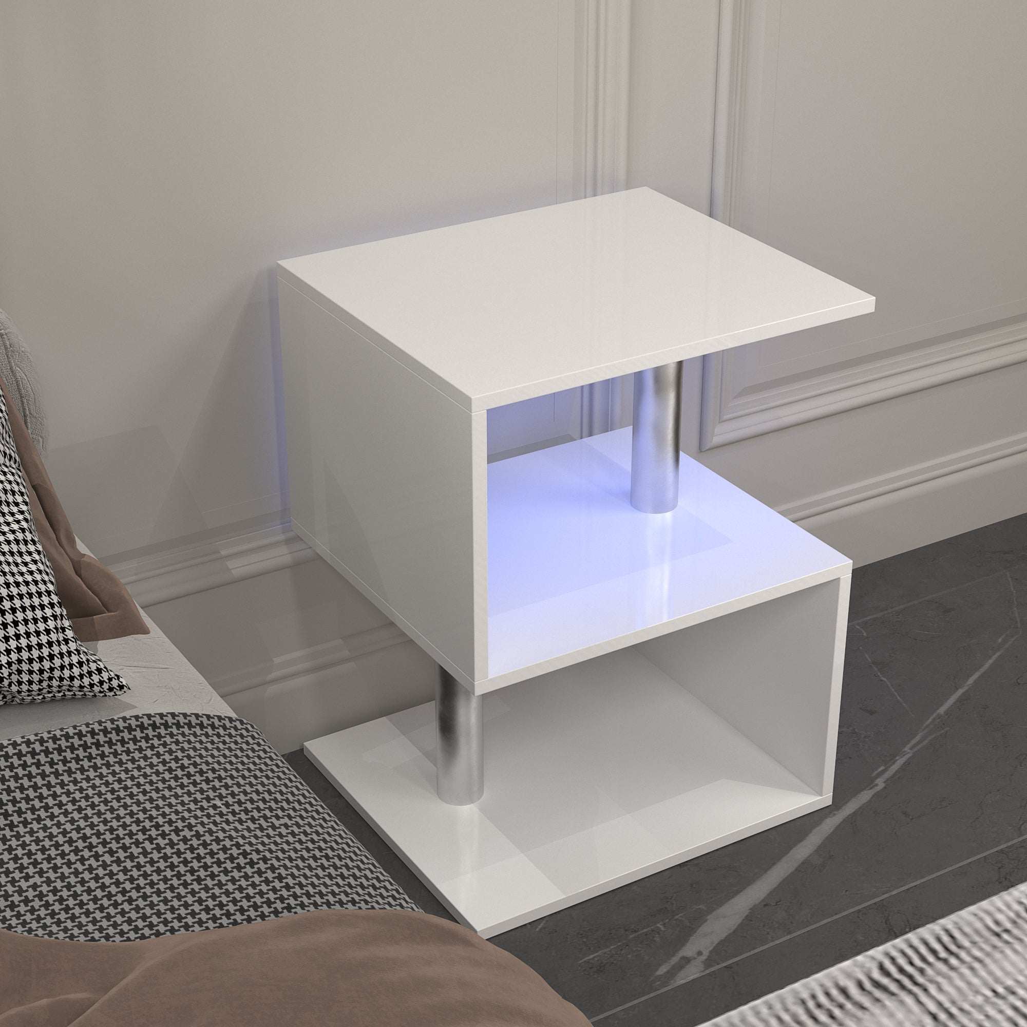 3-layer S-shaped coffee table, high gloss side table with open storage rack and USB power supply, white LED coffee table