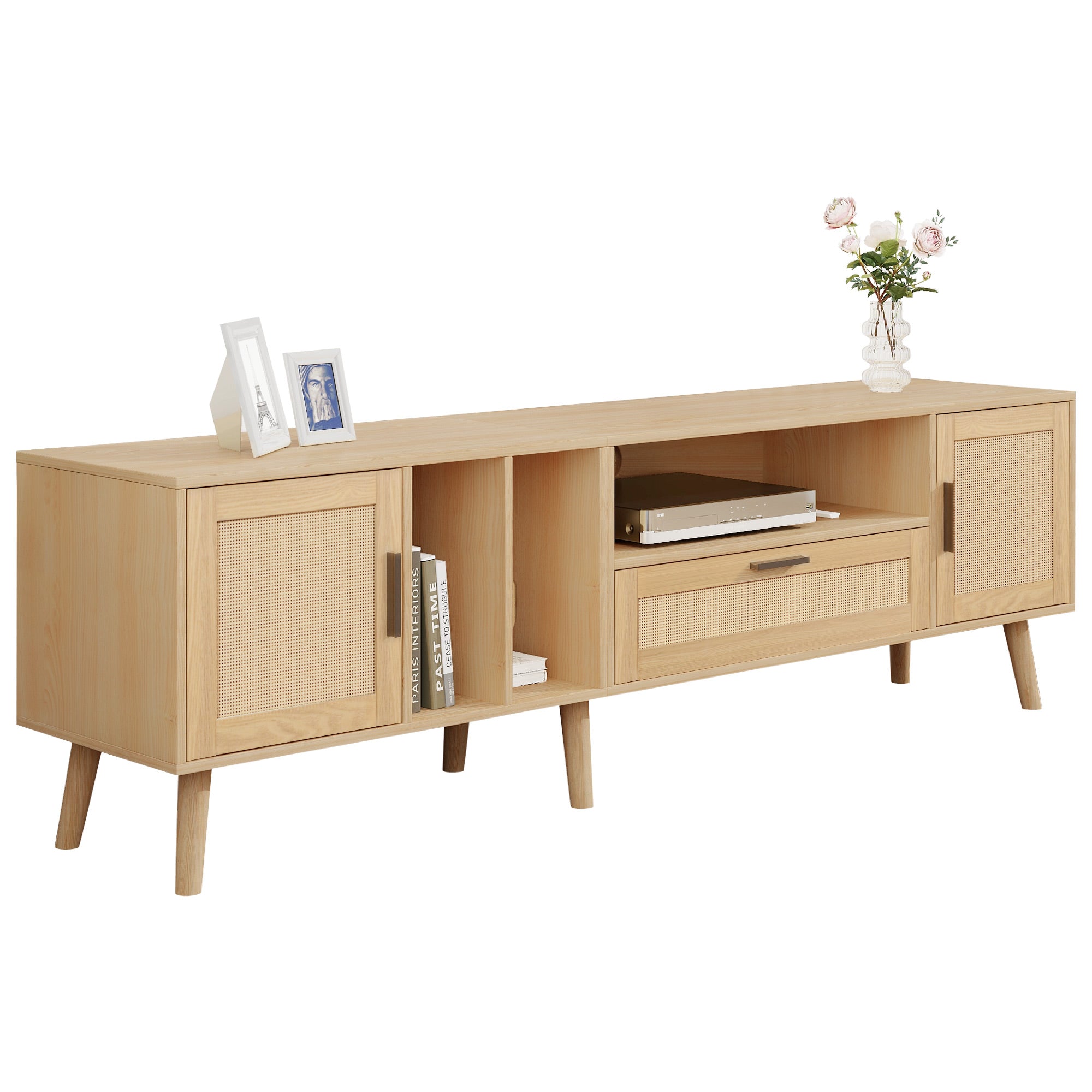 Vine TV stand with 2 cabinets and 2 open shelves, suitable for TVs under 80 inches, with solid wood legs for TV cabinets