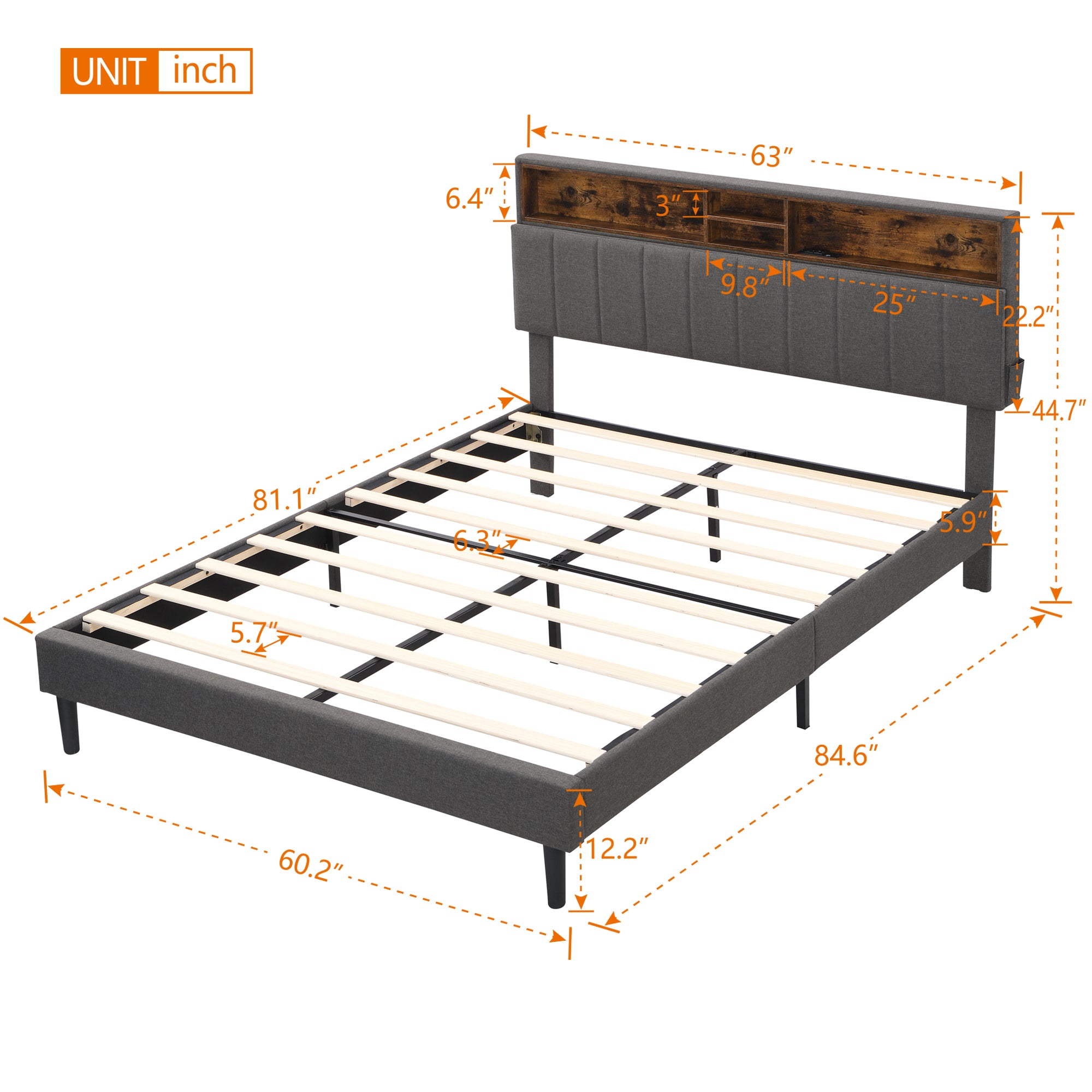 Queen Size Upholstered Platform Bed with Storage Headboard and USB Port Linen Fabric Upholstered Bed (Gray)