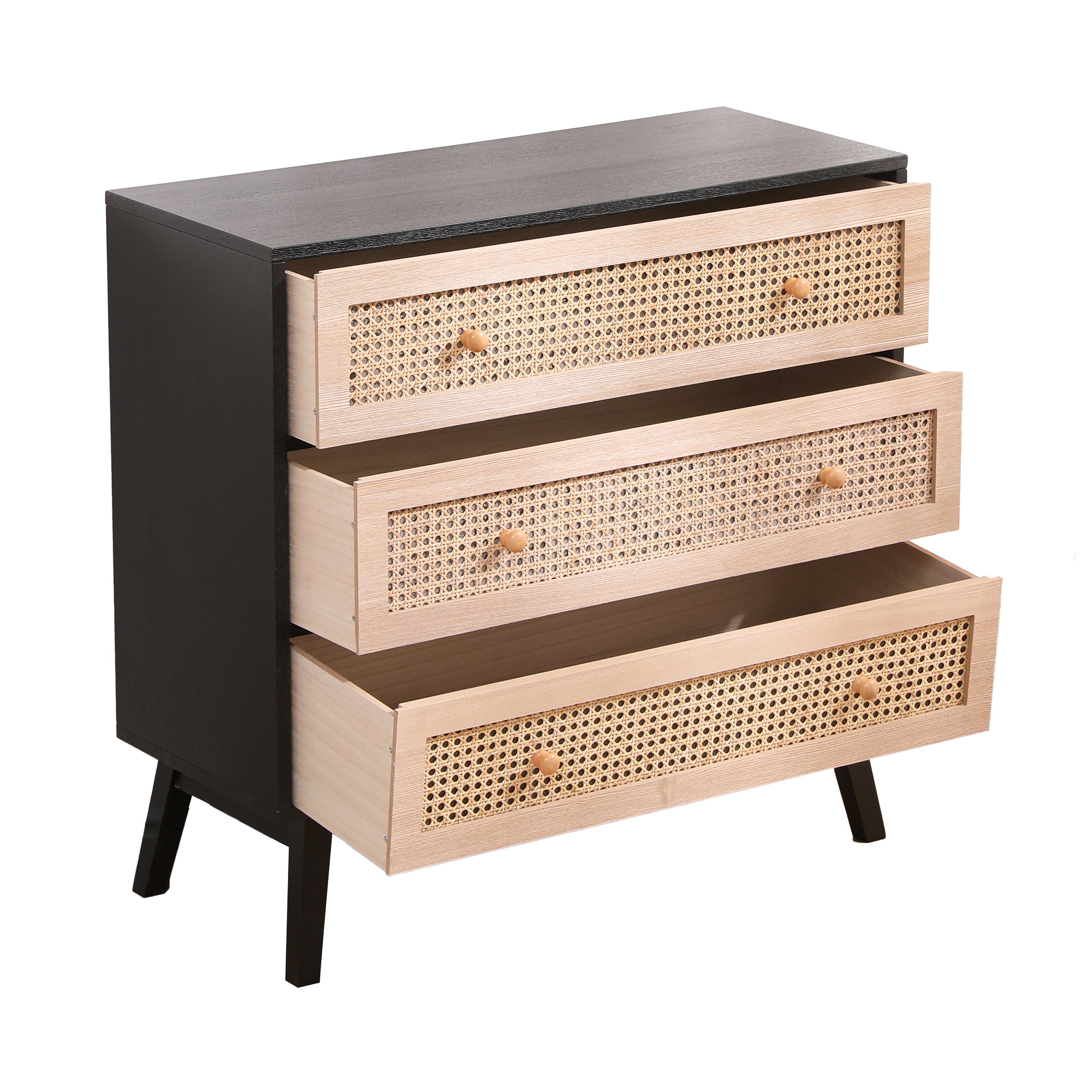 31.5 "3-Drawers Rattan Storage Cabinet Rattan Drawer,for Bedroom,Living Room,Natural drawer and black panel