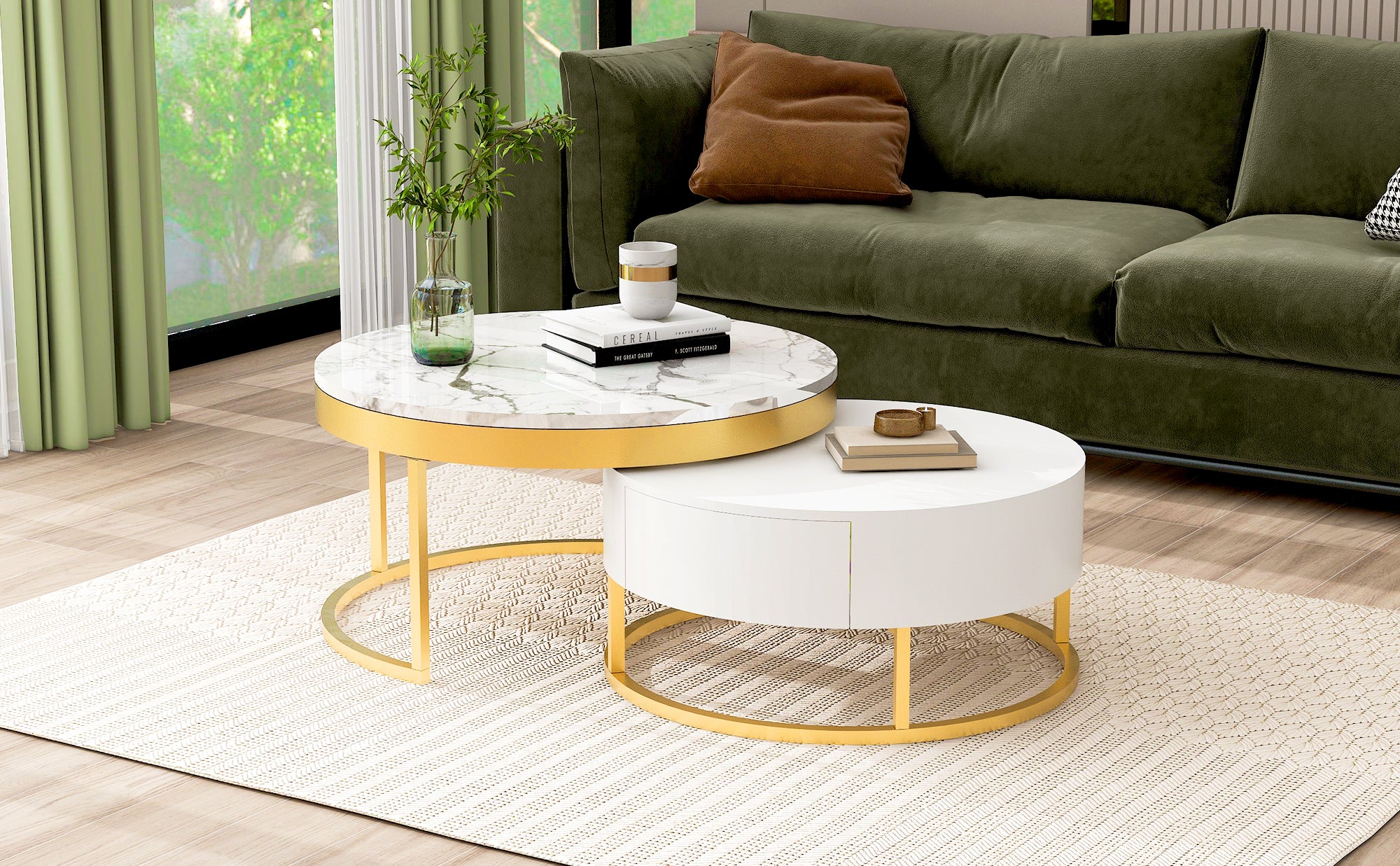 Modern Round Nesting Coffee Table with Drawers in White