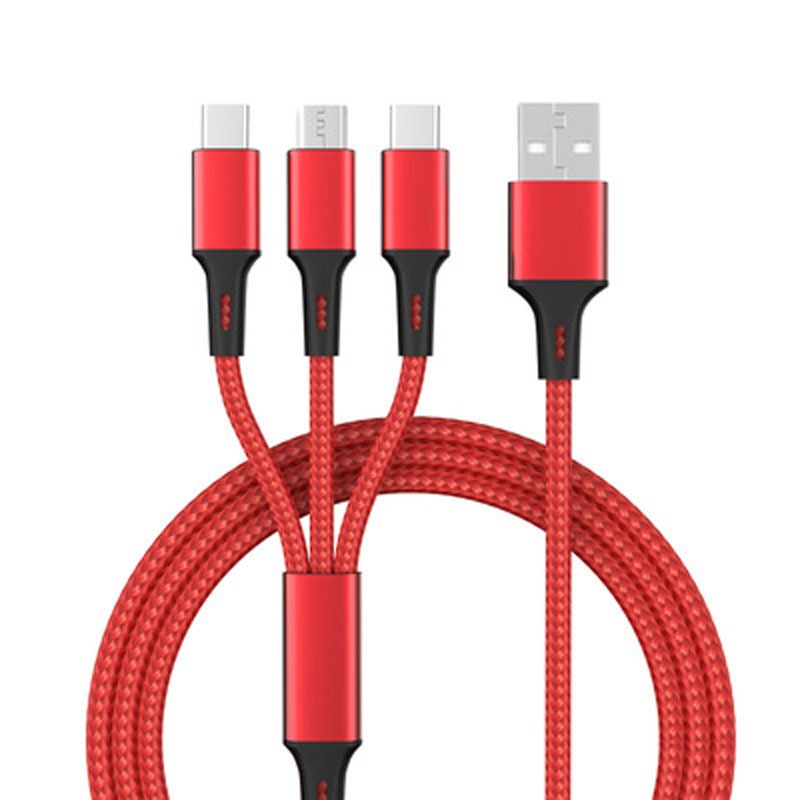 One to three data cable nylon braided three head fast charging mobile phone charging cable