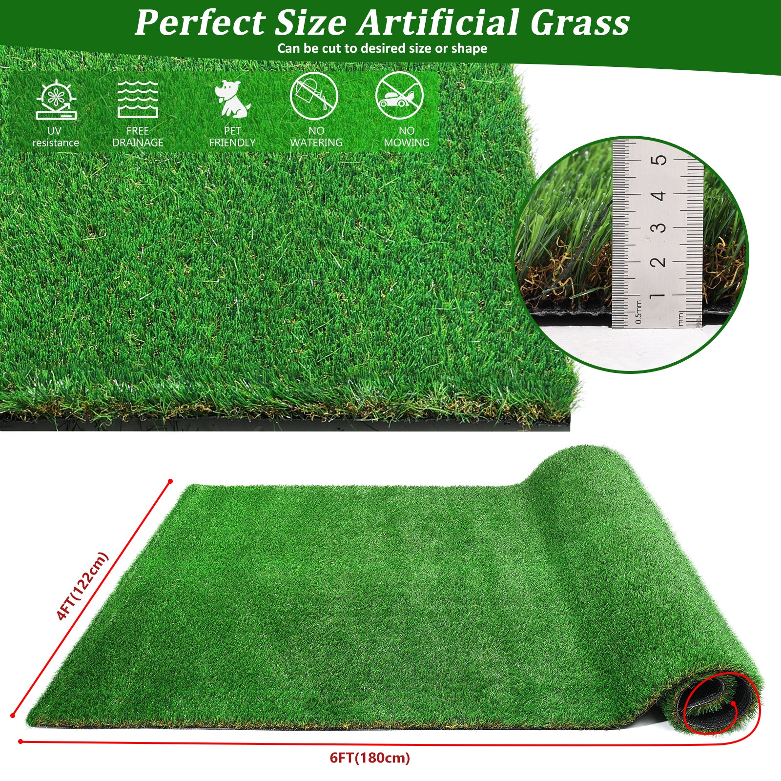 4FTX6FT outdoor artificial grass running blanket, thick and realistic fake grass roll with a pile height of 1.38 inches