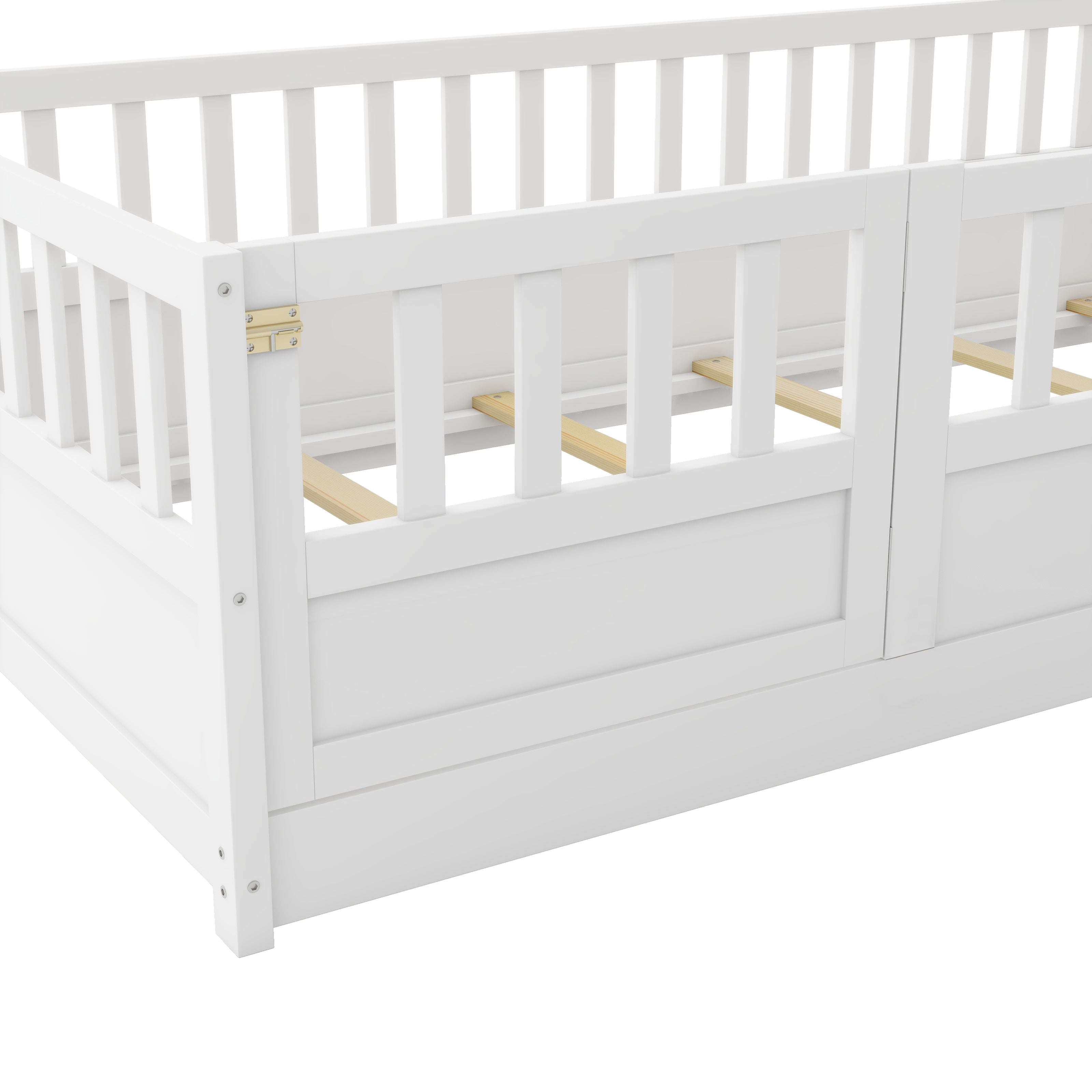 Double bed floor standing bed, ultra-high safety barrier door, children's floor standing bed frame, Montessori wood white