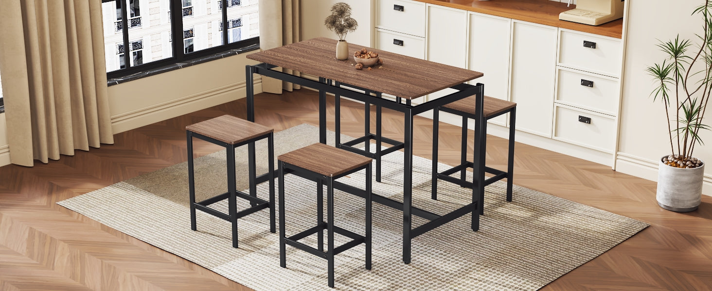 TREXM 5-piece compact bar table with table and stool - modern industrial design (dark brown)