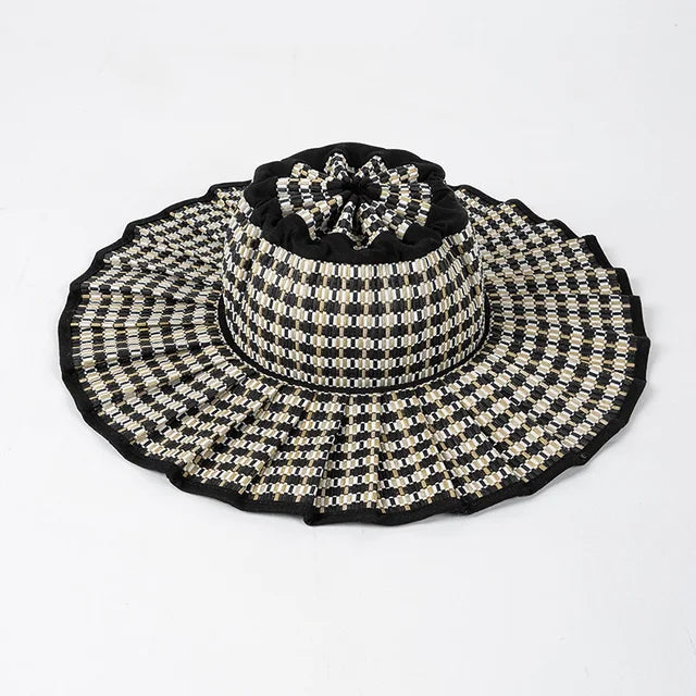 Spring Summer Fashion Casual Plaid Wide Brim Sun Hat Women Men Fashion Outdoor Sunshade Hat Foldable Straw Hat Designer Style